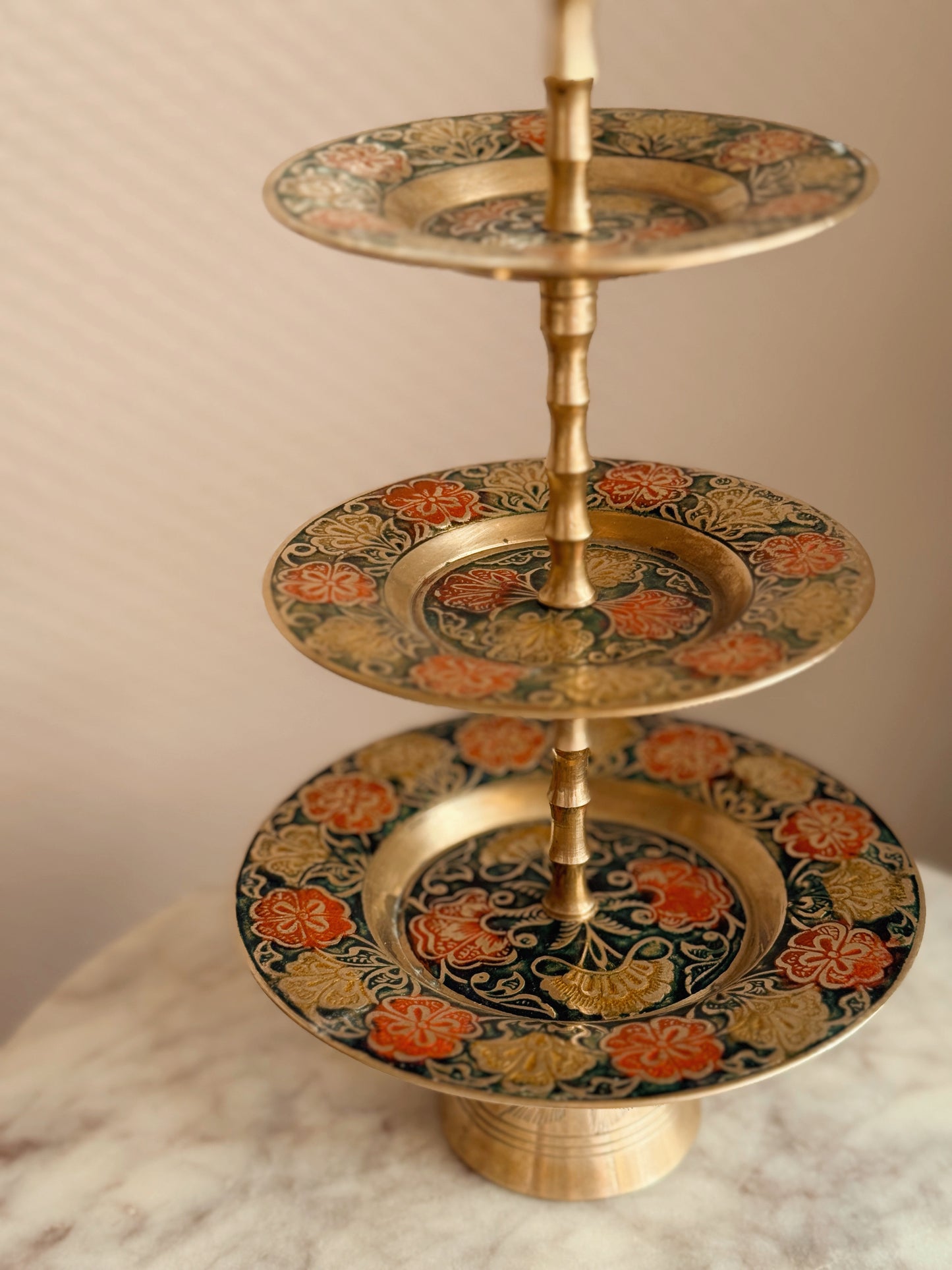 Vintage Brass + Enamel 3 Tier Stand