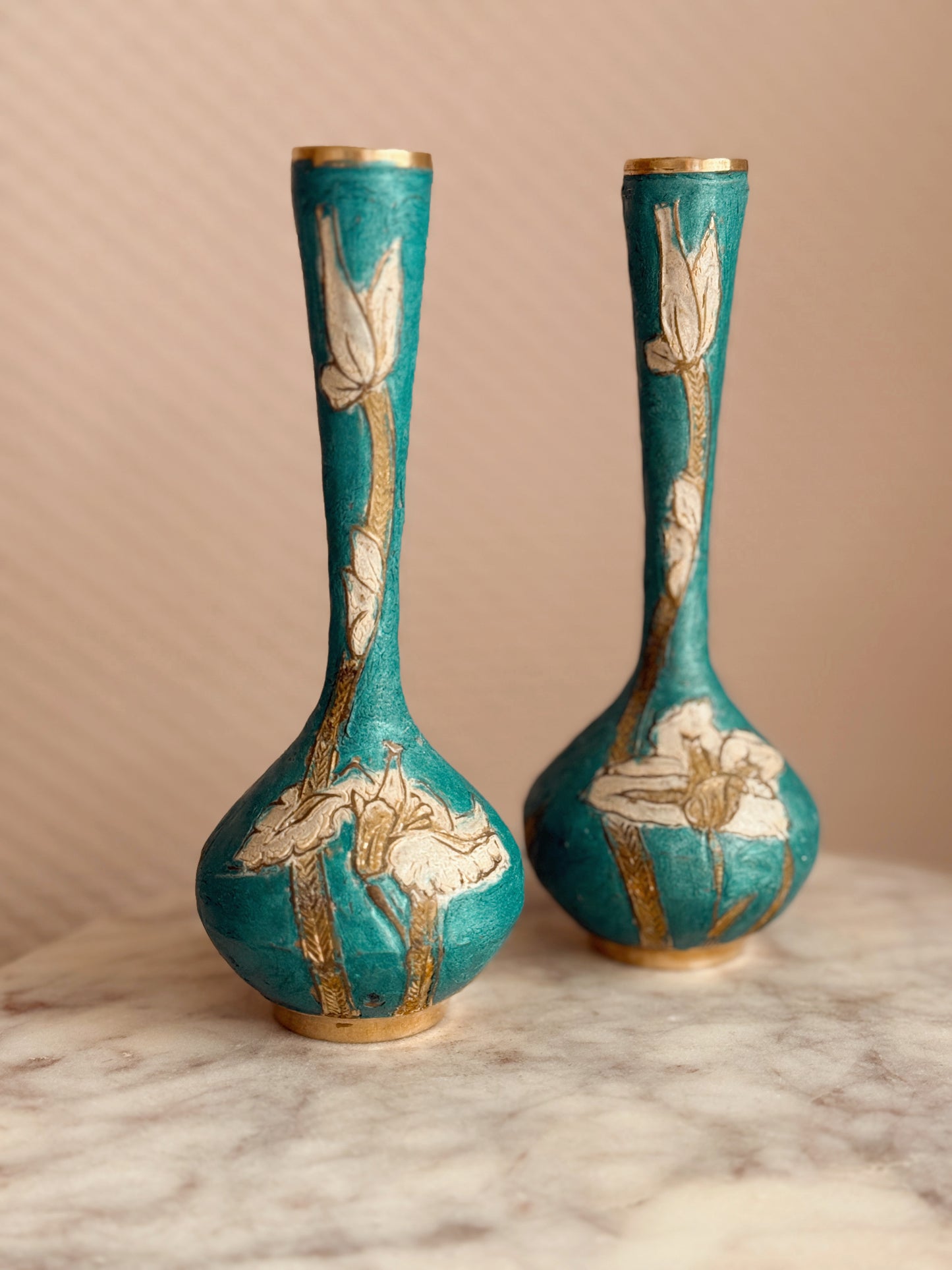 Vintage Brass + Enamel Pair of Vases
