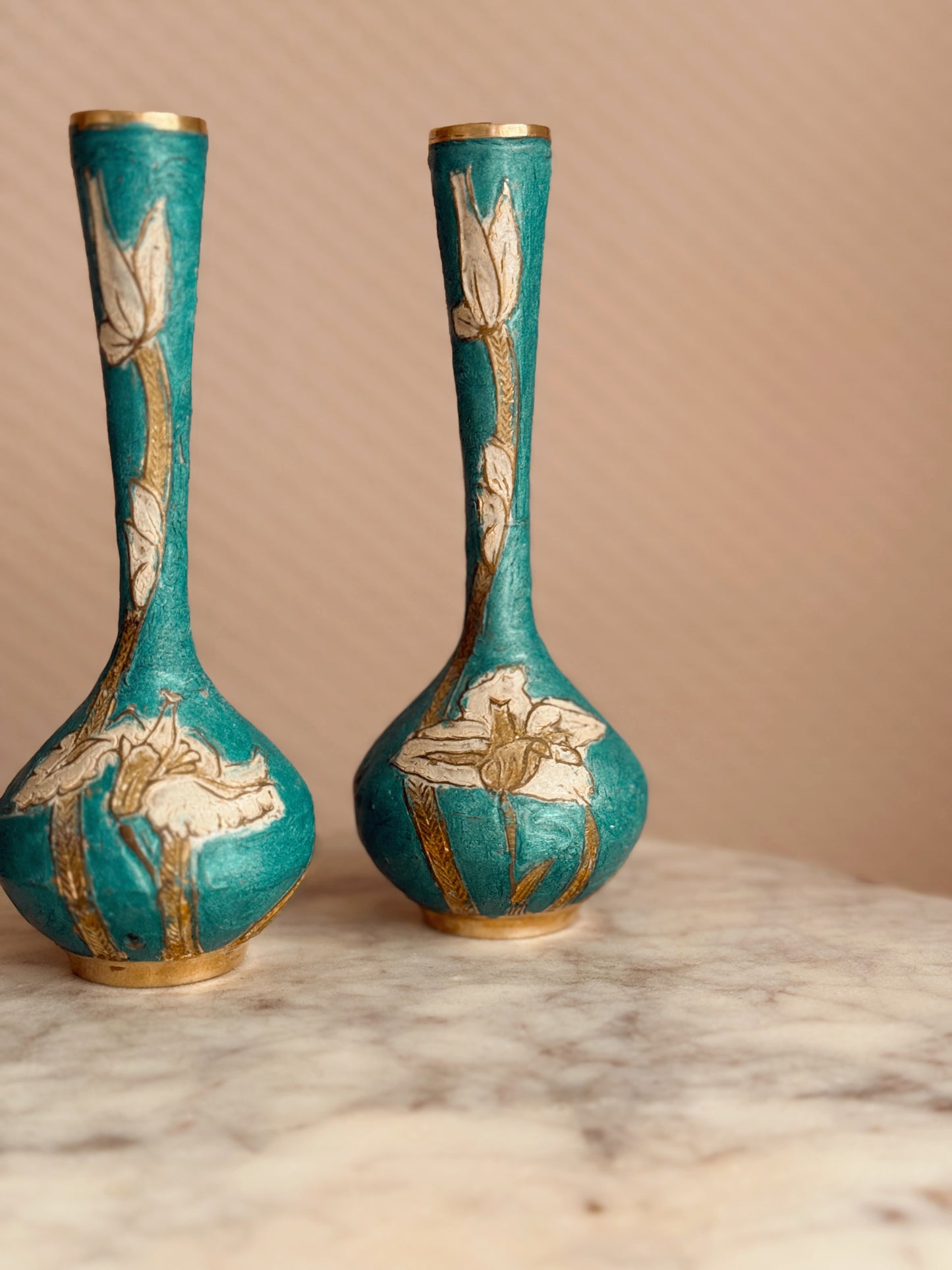 Vintage Brass + Enamel Pair of Vases