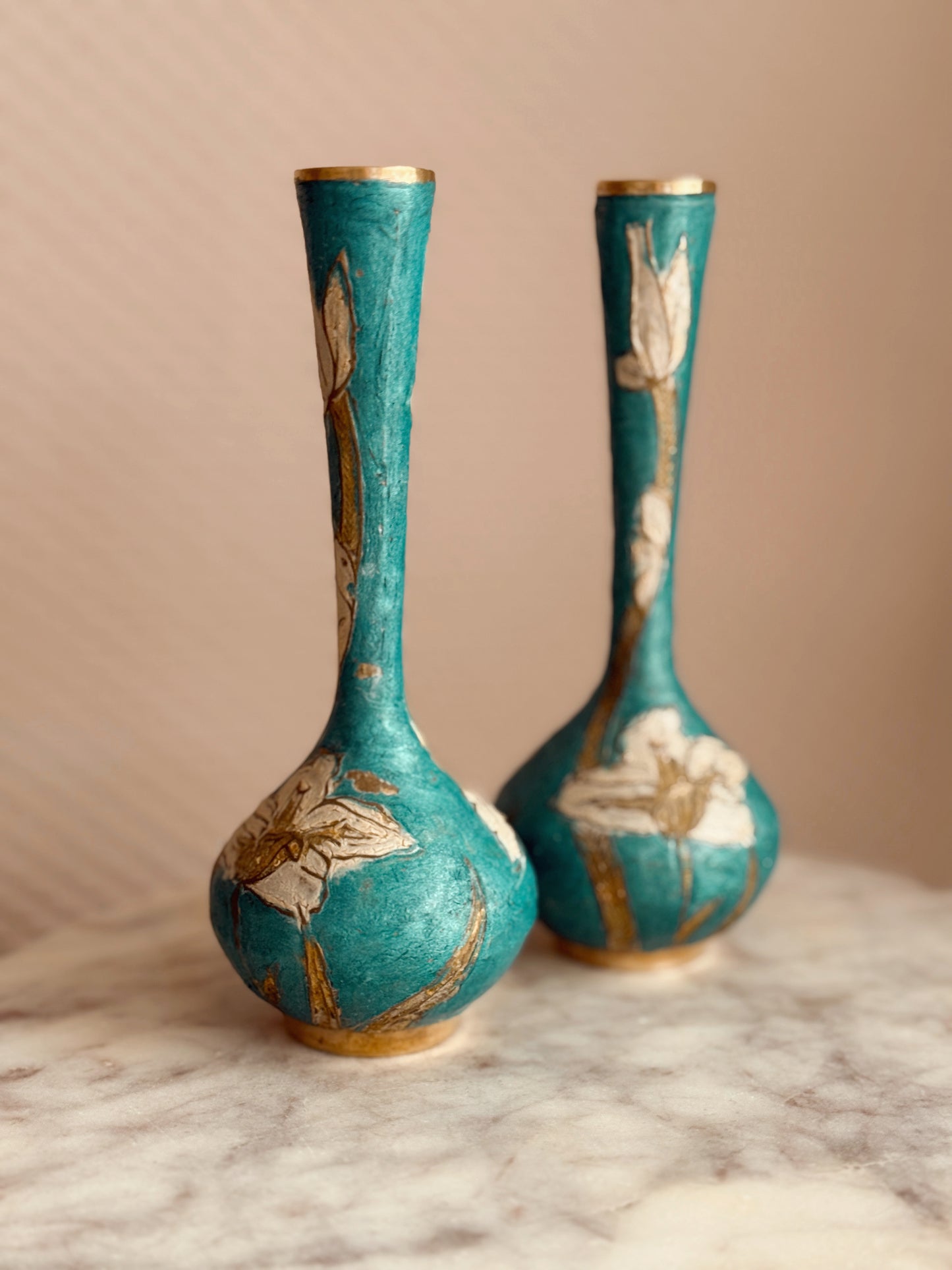 Vintage Brass + Enamel Pair of Vases