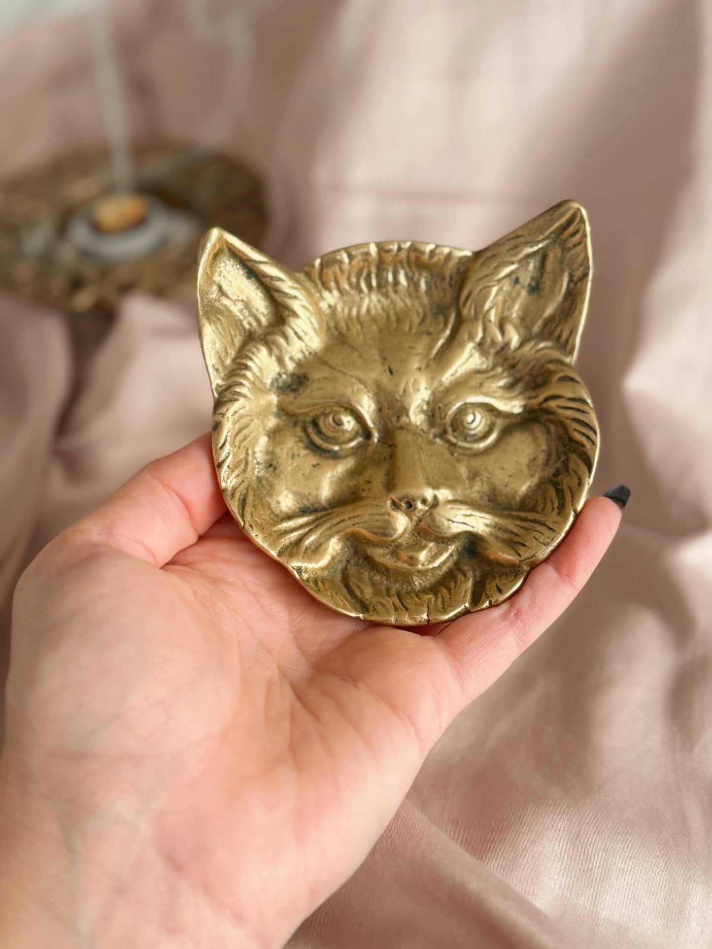Vintage Brass Cat Face Trinket Dish