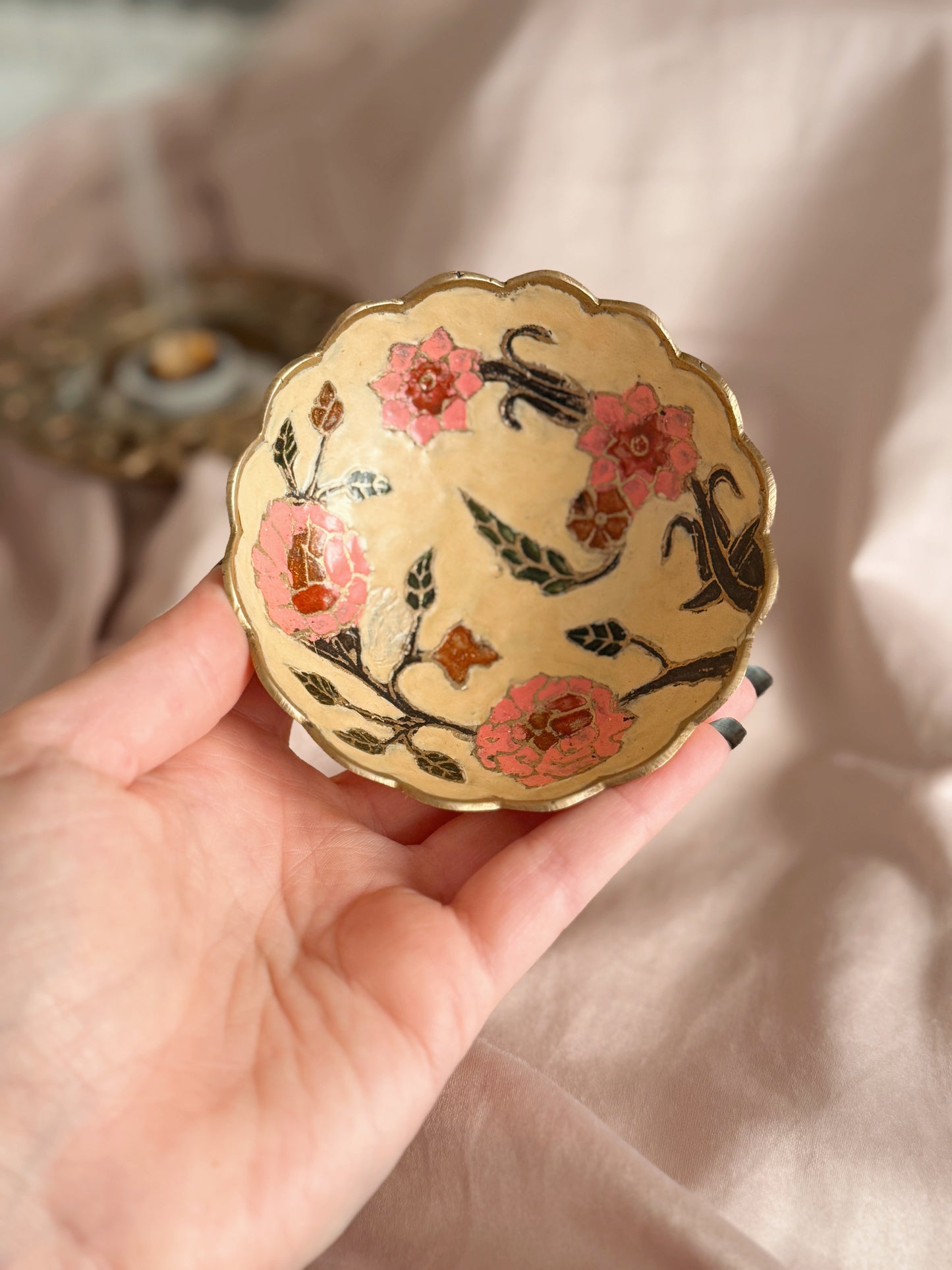 Vintage Brass + Enamel Floral Trinket Dish