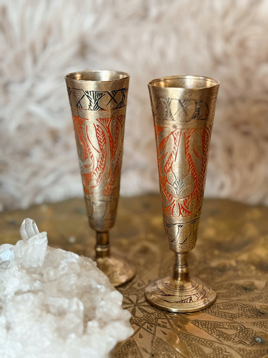 Vintage Brass + Enamel Pair of Bud Vases