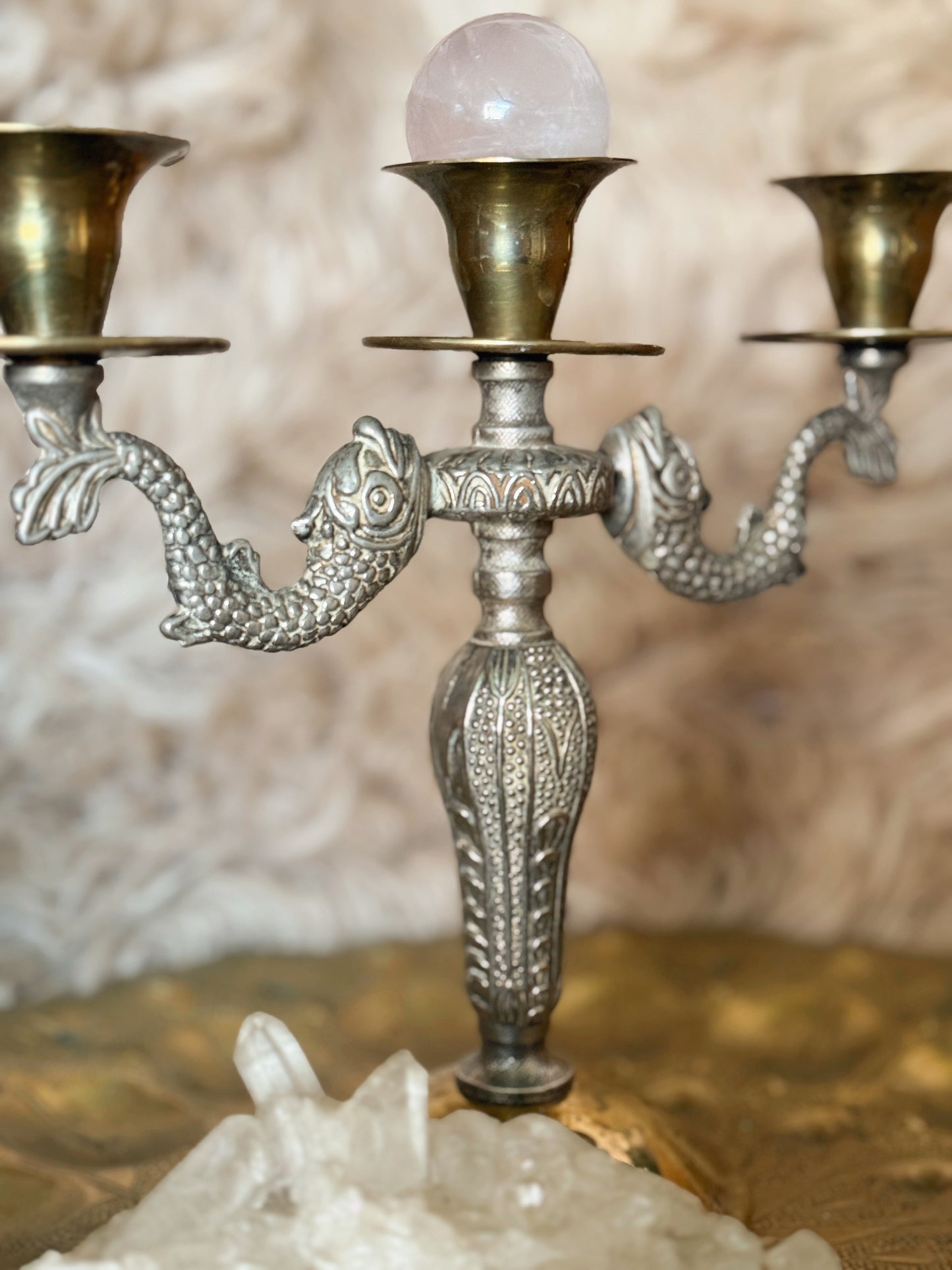 Vintage Brass + Silver Fish Candelabra