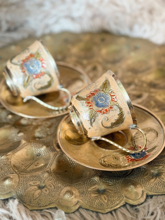 Vintage Brass Teacup + Saucers