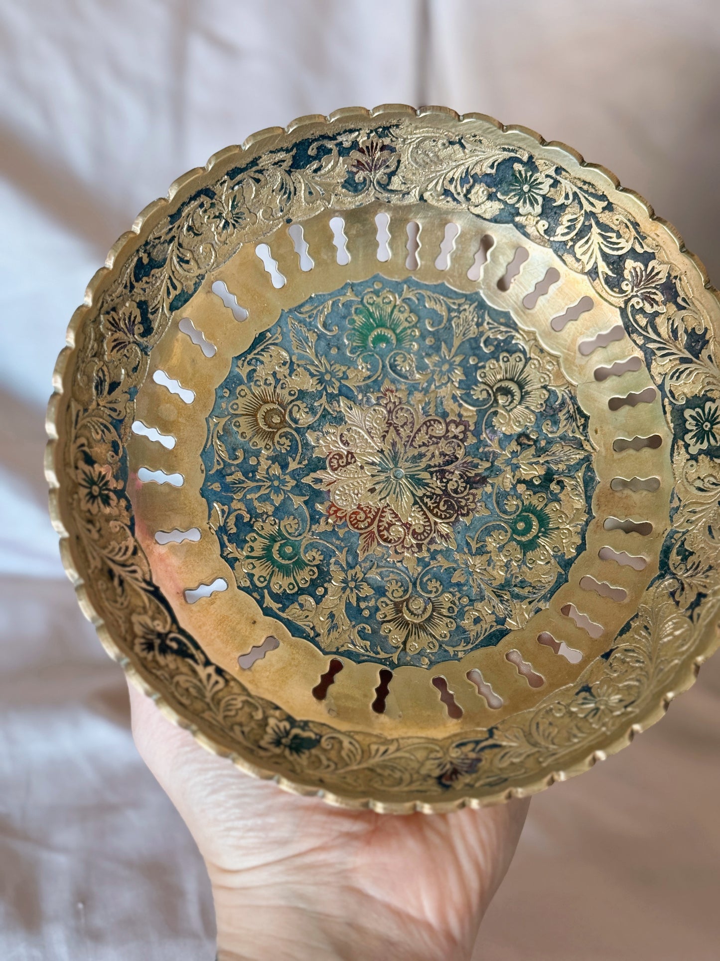 Vintage Brass + Enamel Large Trinket Bowl