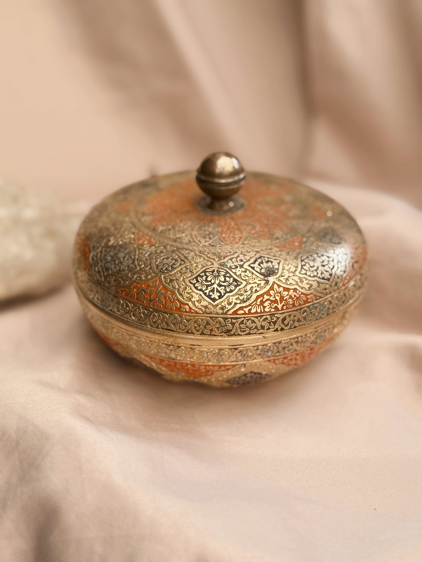 Vintage Brass + Enamel Round Trinket Pot