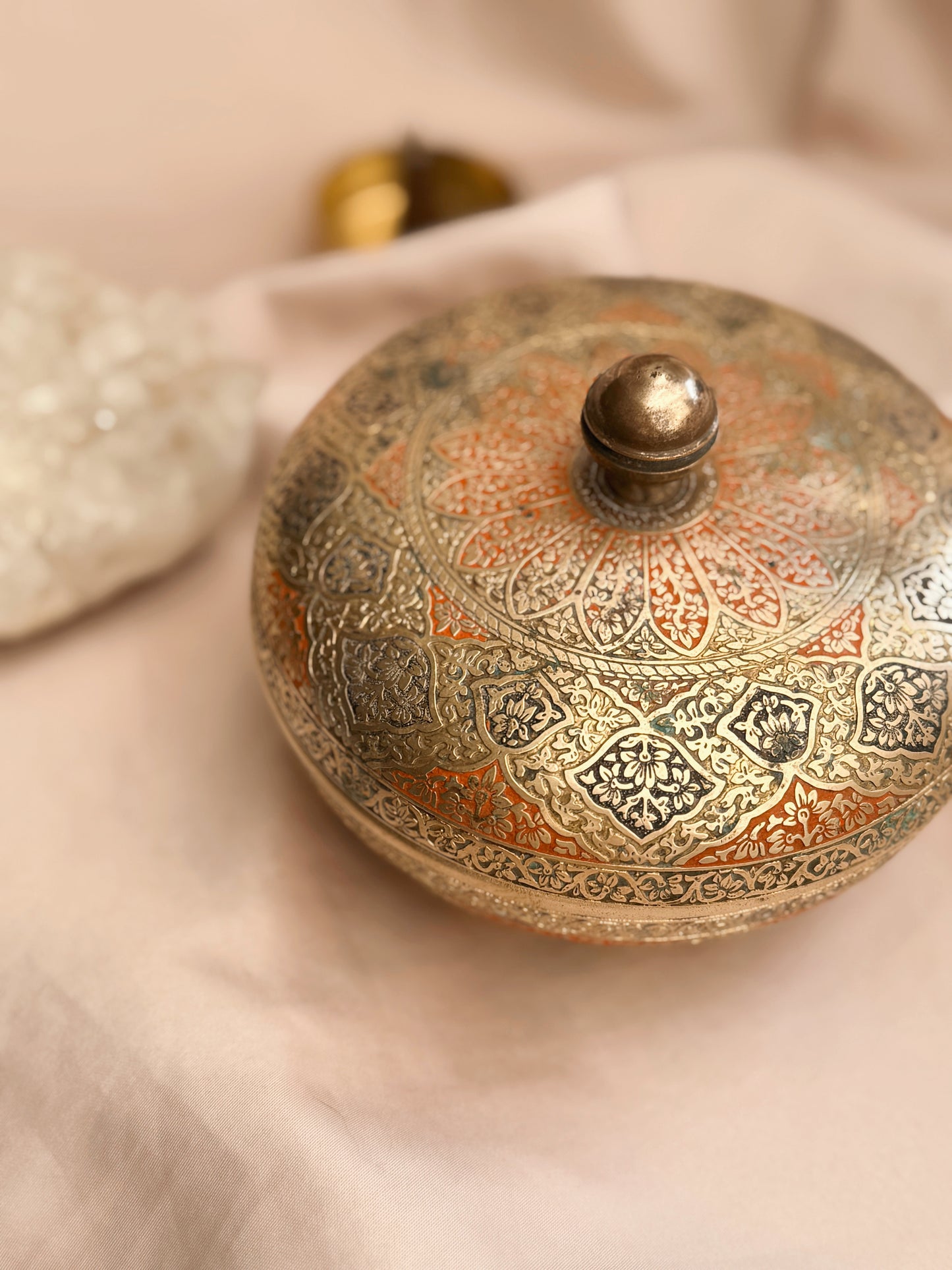 Vintage Brass + Enamel Round Trinket Pot