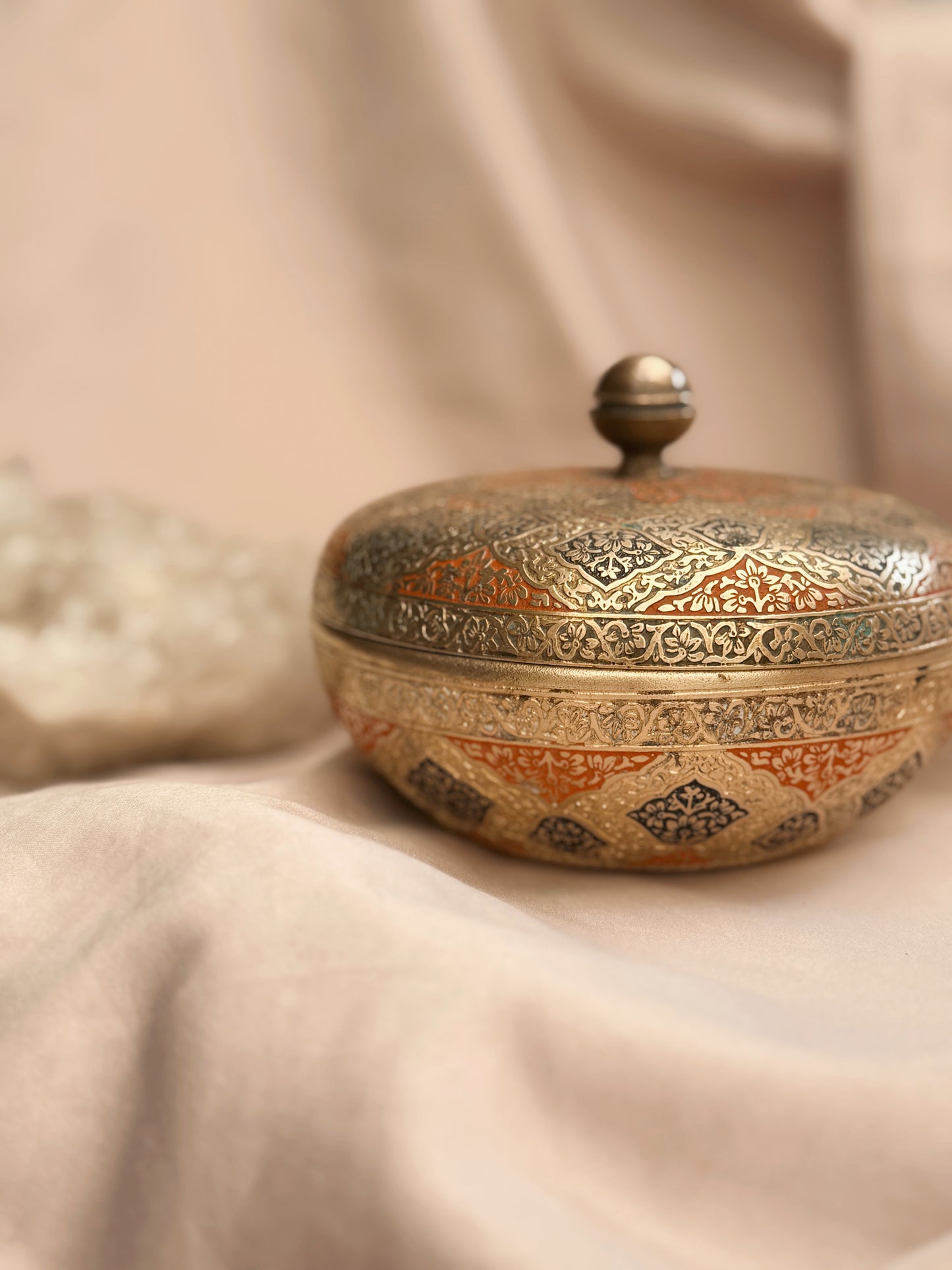 Vintage Brass + Enamel Round Trinket Pot