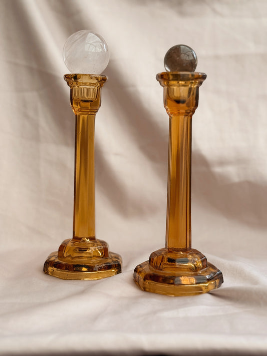 Vintage Amber Glass Pair of Candlestick Holders