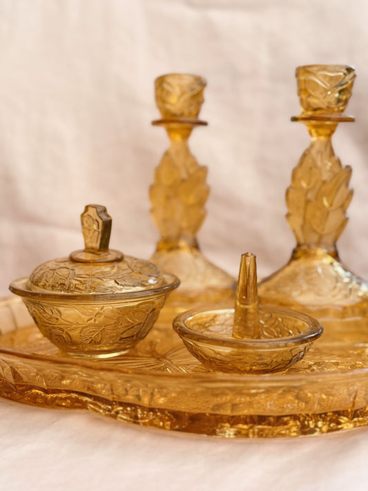 Vintage Mustard Yellow Glass Vanity Set (UK ONLY)