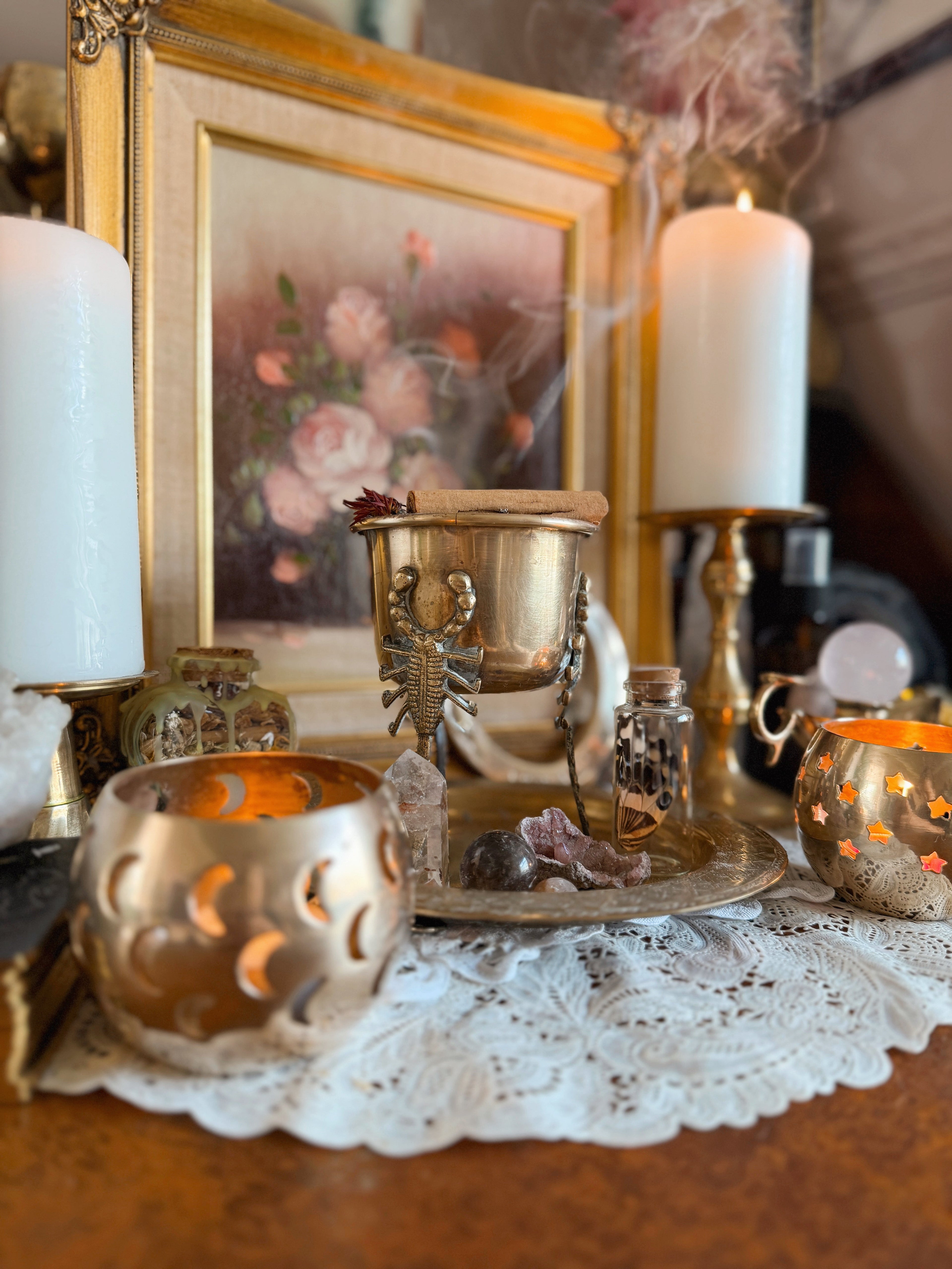 High Vibe Home | The Modern Witch Shop : photo shows an altar in feminine colours of pink, cream and gold