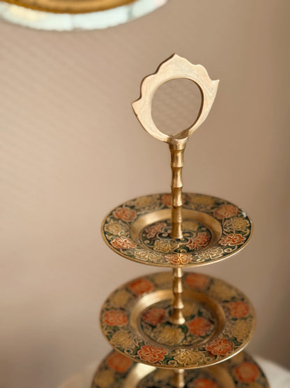Vintage Brass + Enamel 3 Tier Stand