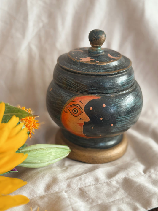 Vintage Celestial Wood Trinket Pot