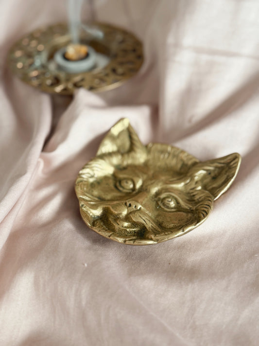 Vintage Brass Cat Face Trinket Dish