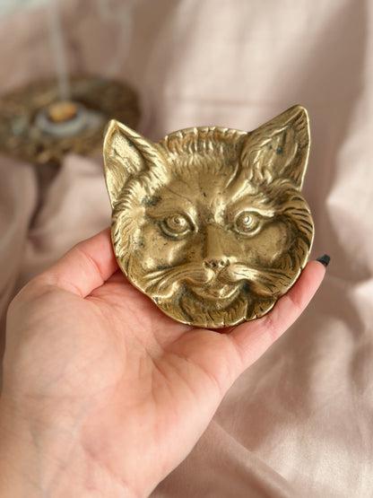 Vintage Brass Cat Face Trinket Dish