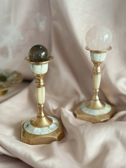 Vintage Brass + Mother of Pearl Pair of Candlestick Holders