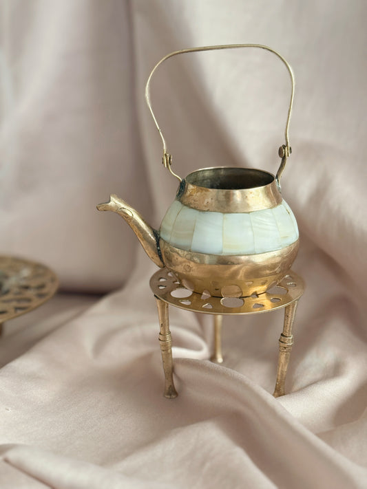 Vintage Brass + Mother of Pearl Teapot + Trivet Stand