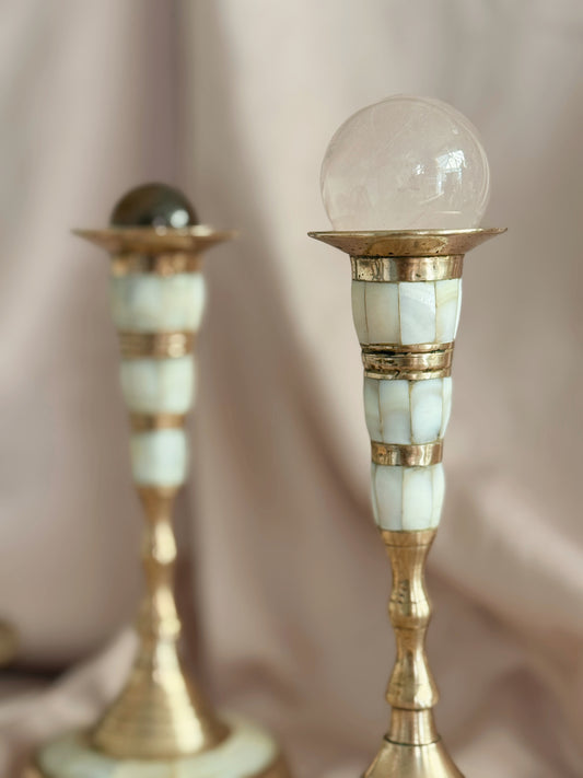 Vintage Pair of Brass + Mother of Pearl Candlestick Holders
