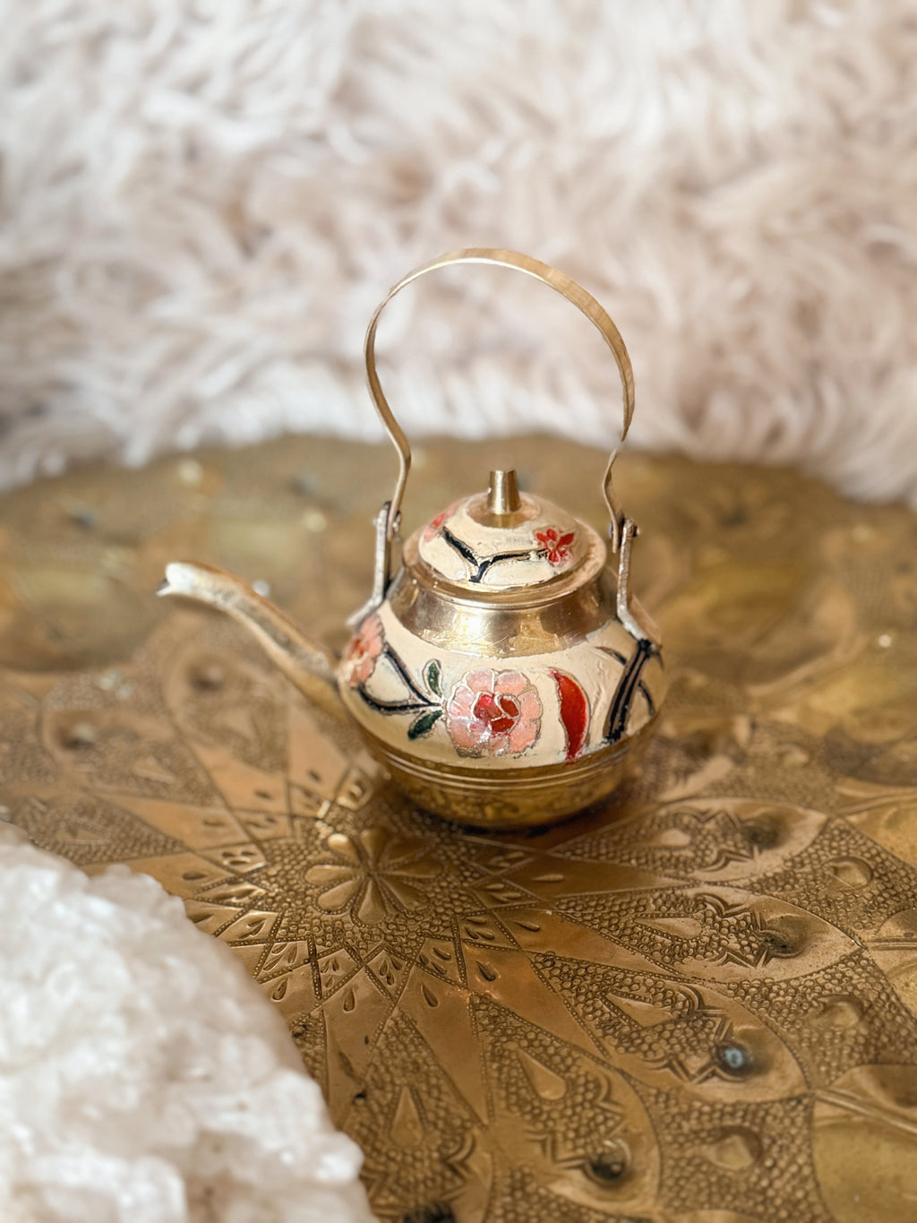 Vintage Brass + Enamel Mini Teapot