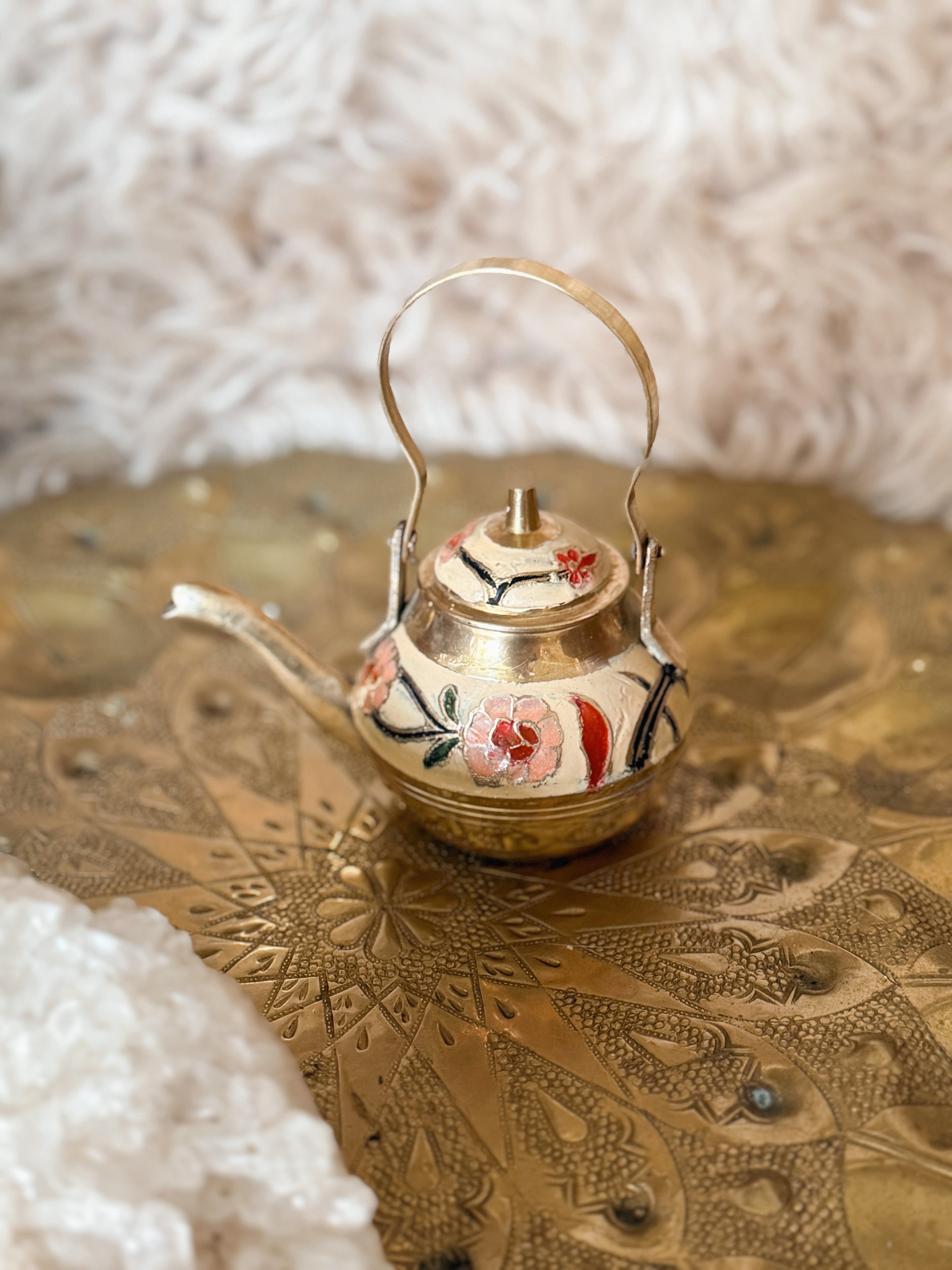 Vintage Brass + Enamel Mini Teapot