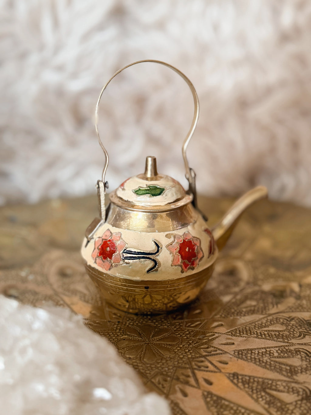 Vintage Brass + Enamel Mini Teapot