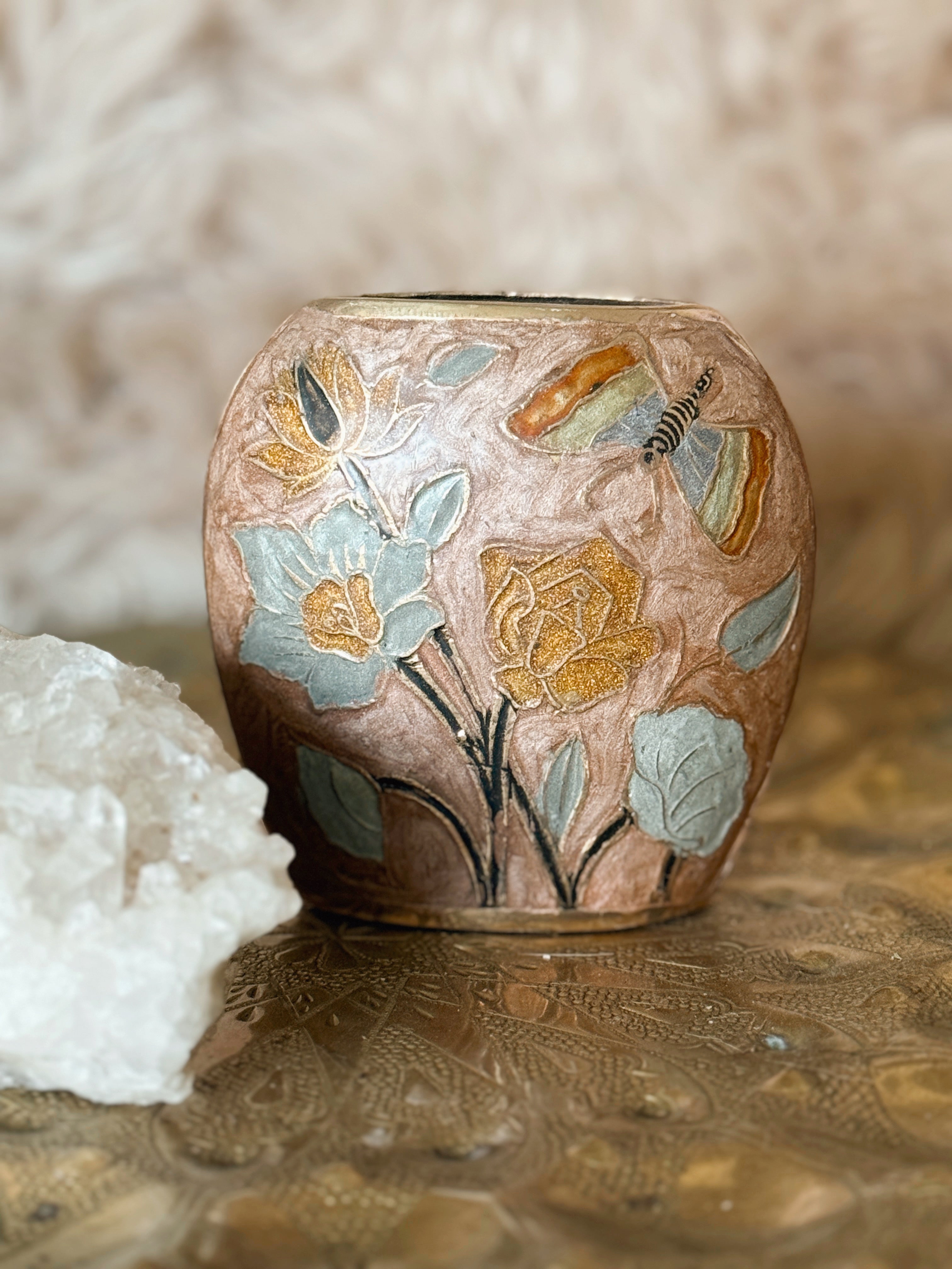 Vintage Brass + Enamel Floral Vase Pot