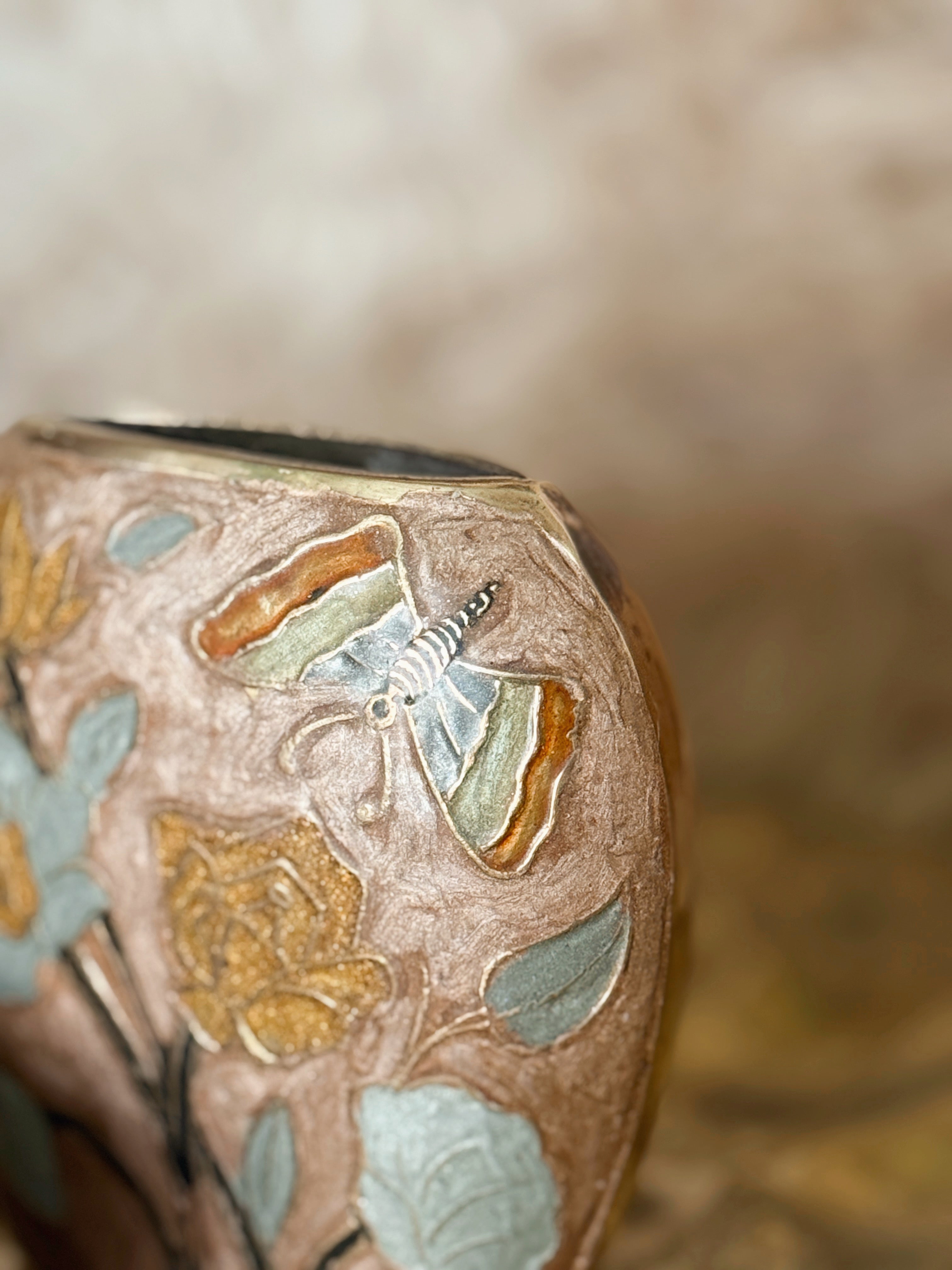 Vintage Brass + Enamel Floral Vase Pot