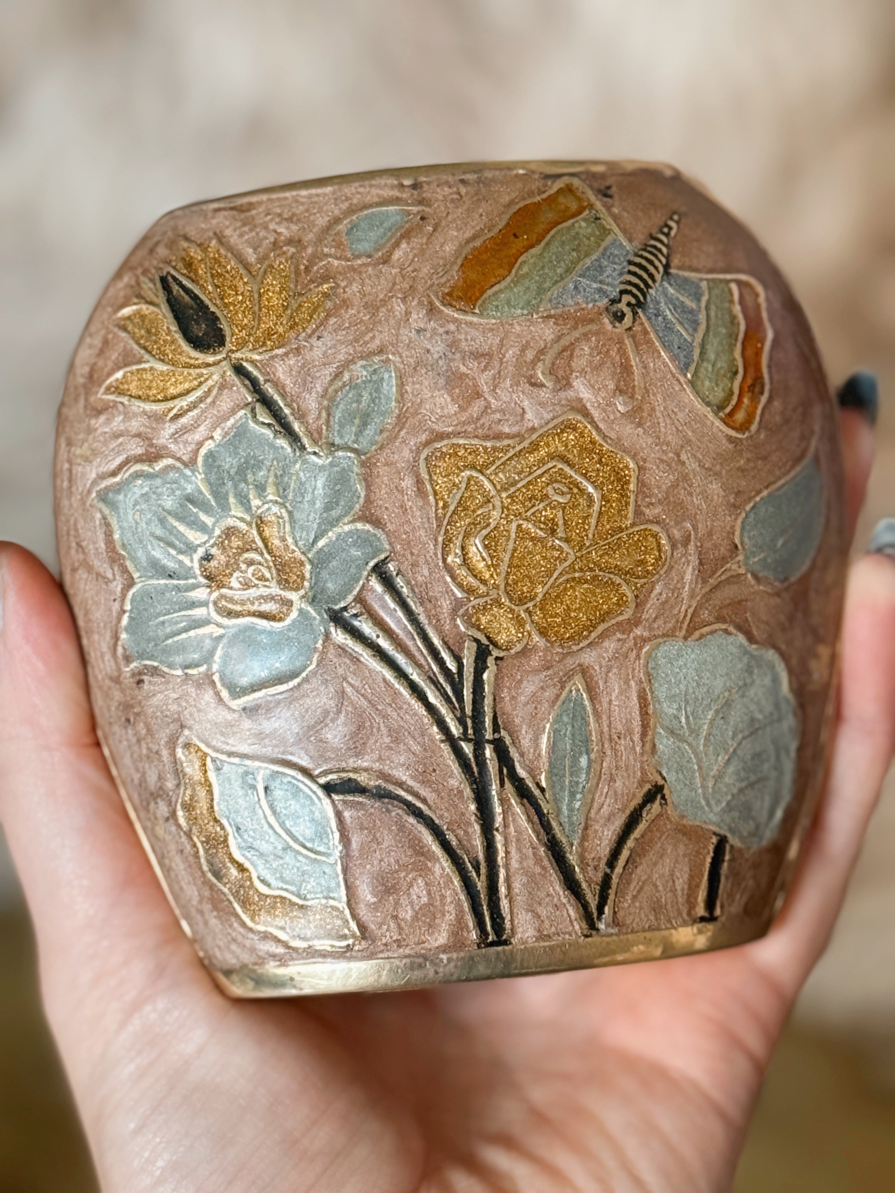 Vintage Brass + Enamel Floral Vase Pot
