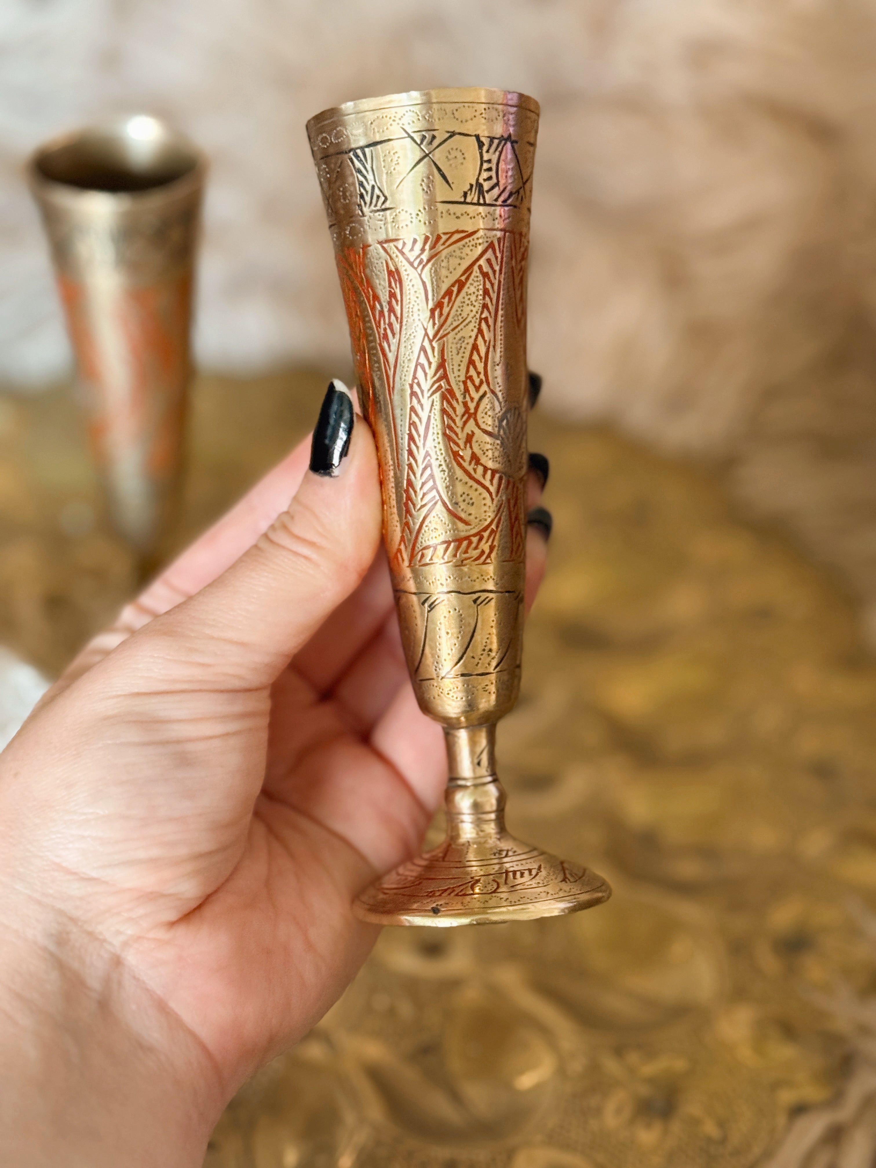 Vintage Brass + Enamel Pair of Bud Vases
