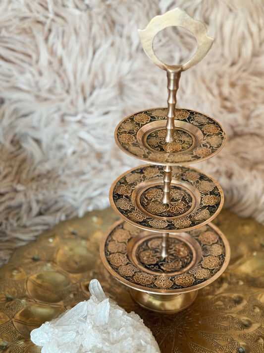 Vintage Brass + Enamel Three Tier Stand