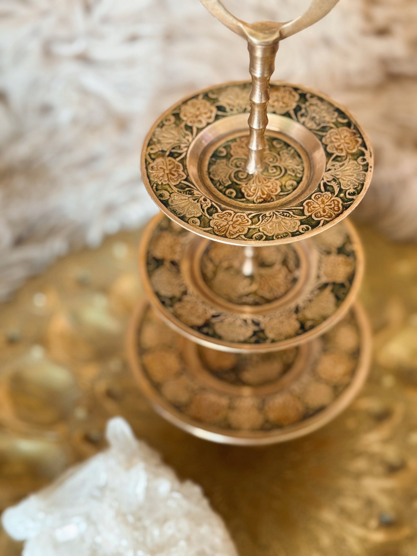 Vintage Brass + Enamel Three Tier Stand
