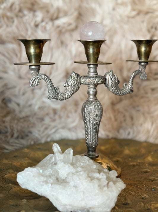 Vintage Brass + Silver Fish Candelabra