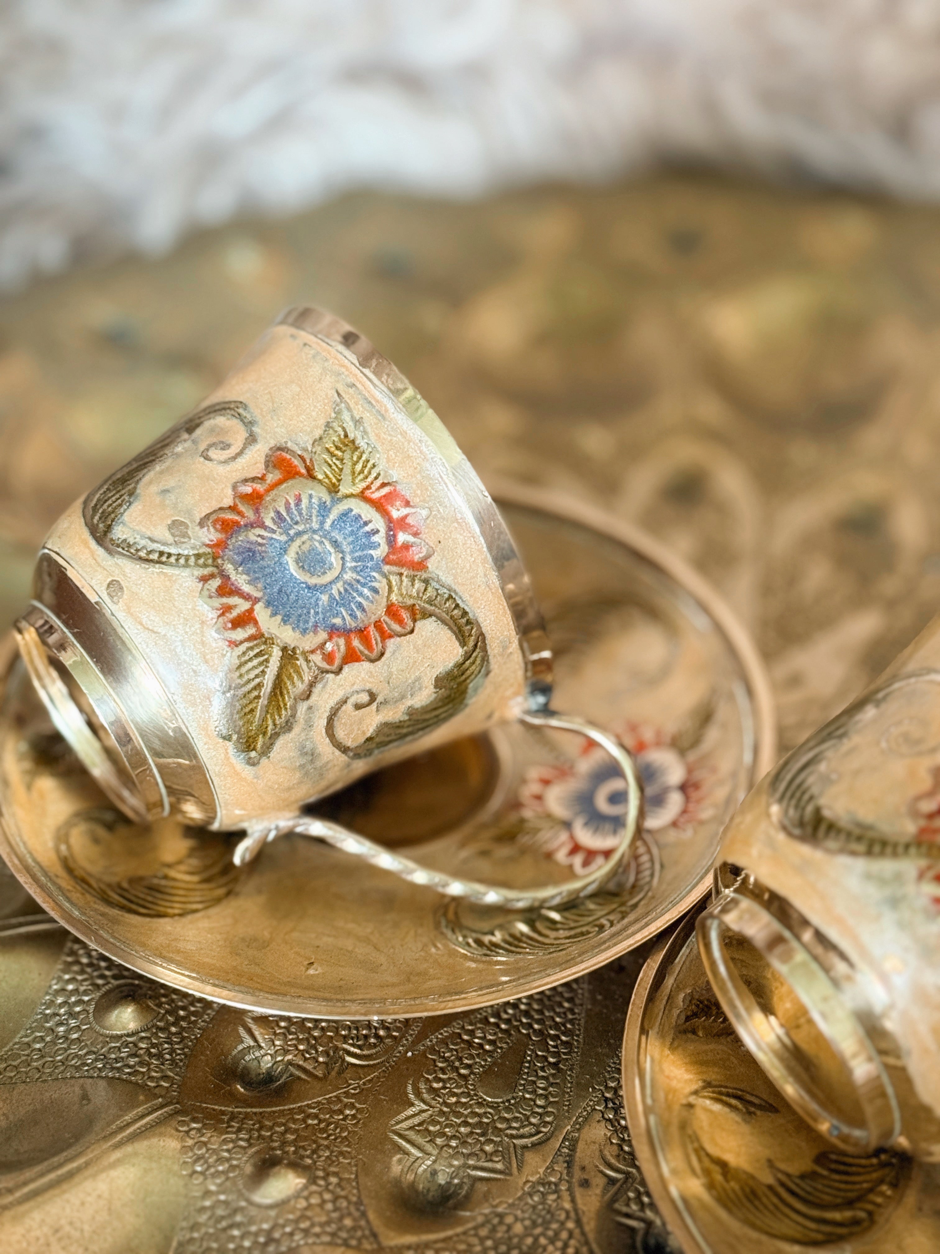 Vintage Brass Teacup + Saucers