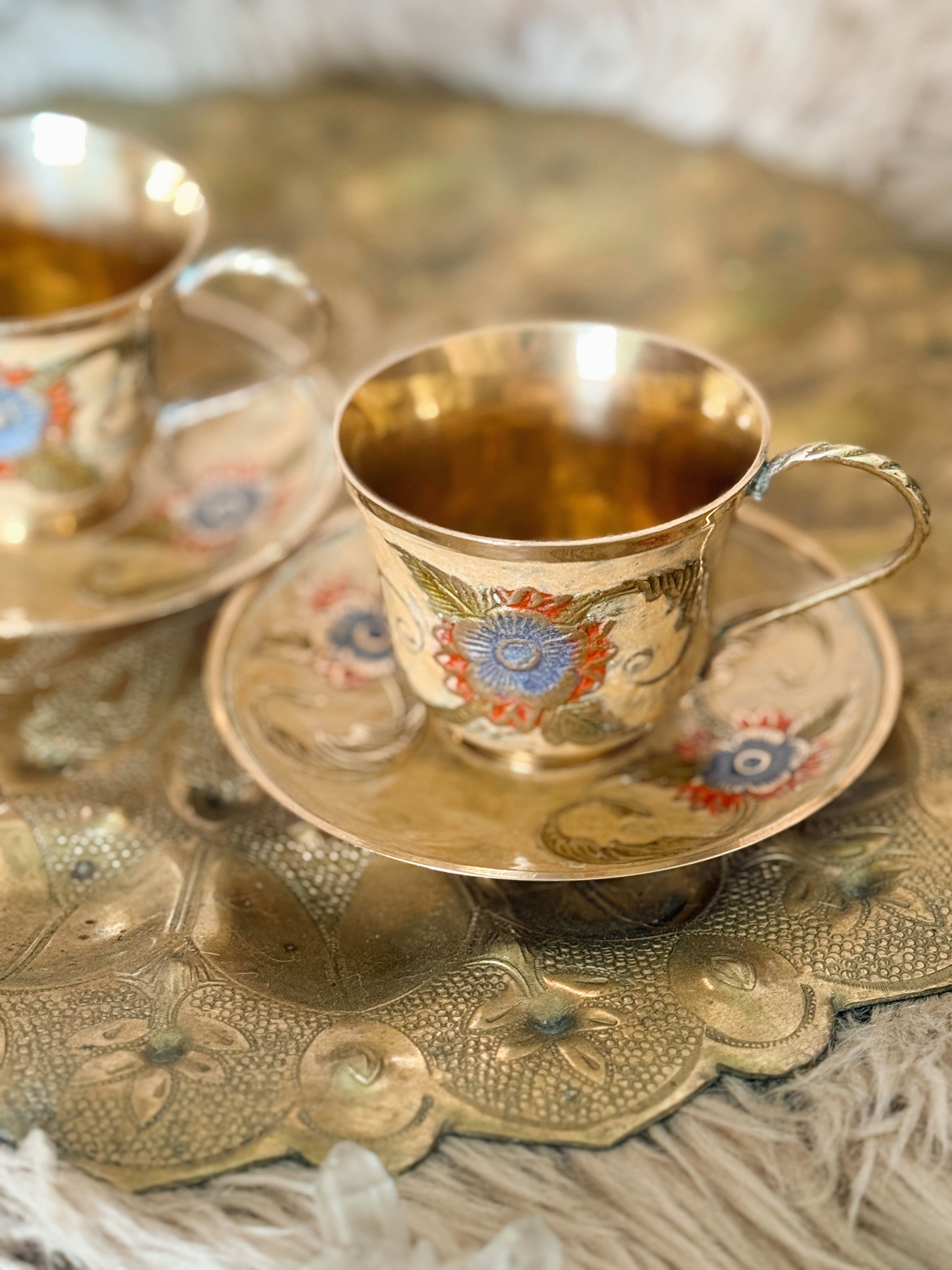 Vintage Brass Teacup + Saucers