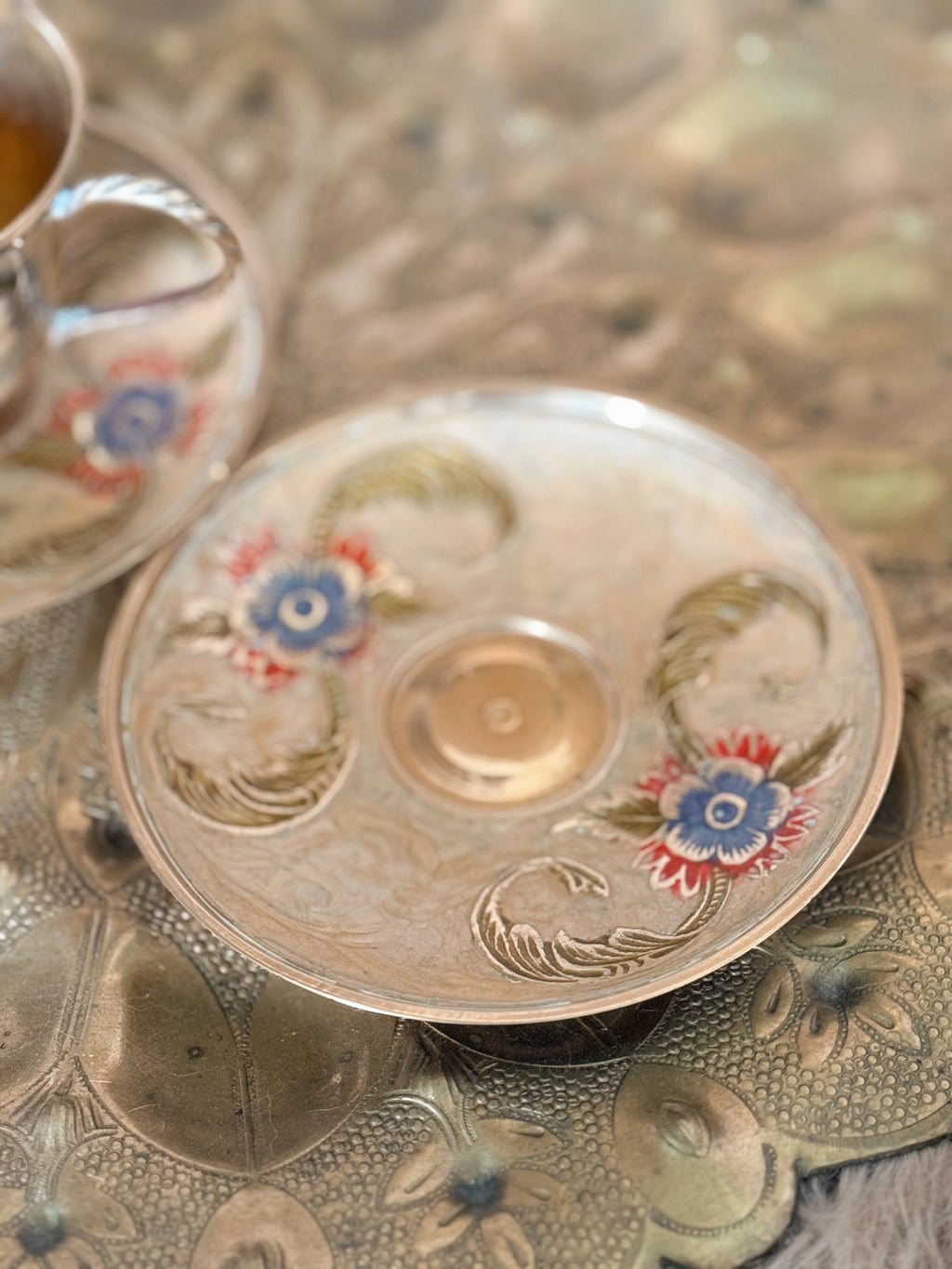 Vintage Brass Teacup + Saucers