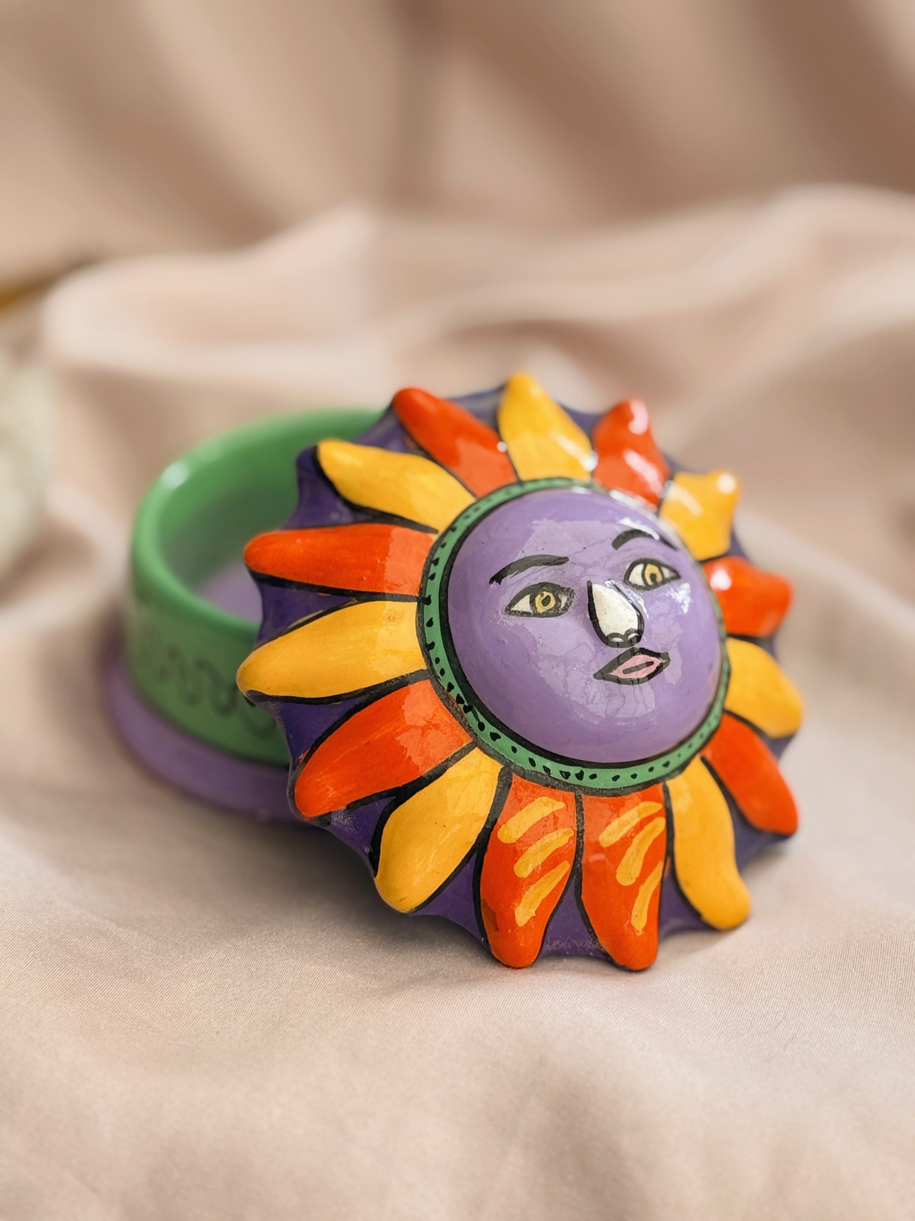 Vintage Handmade Ceramic Sun Trinket Pot