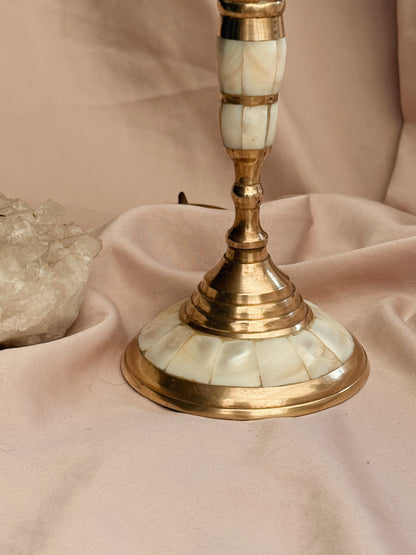 Vintage Brass + Mother of Pearl Candlestick Holder