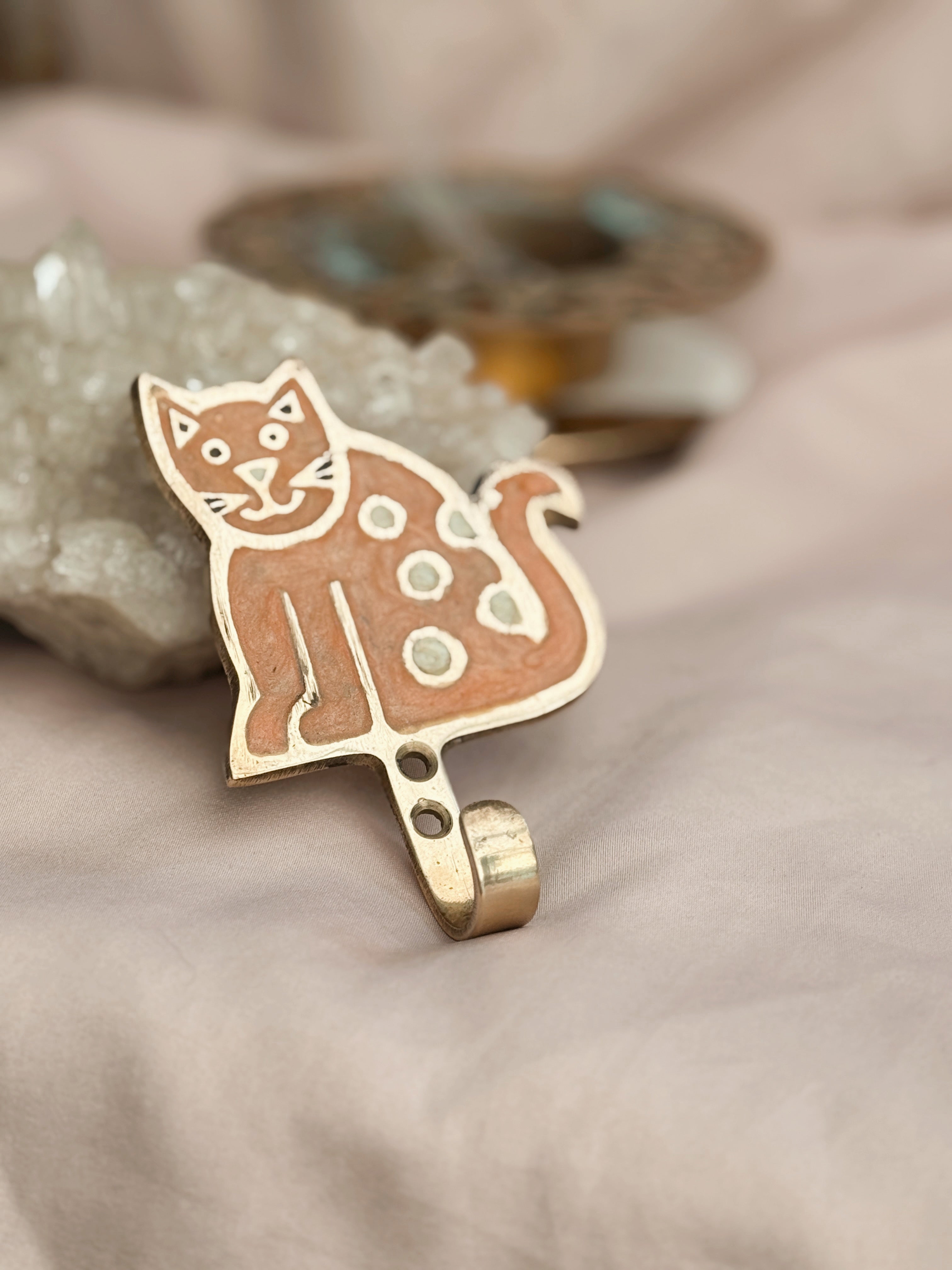 Vintage Brass + Enamel Cat Hook