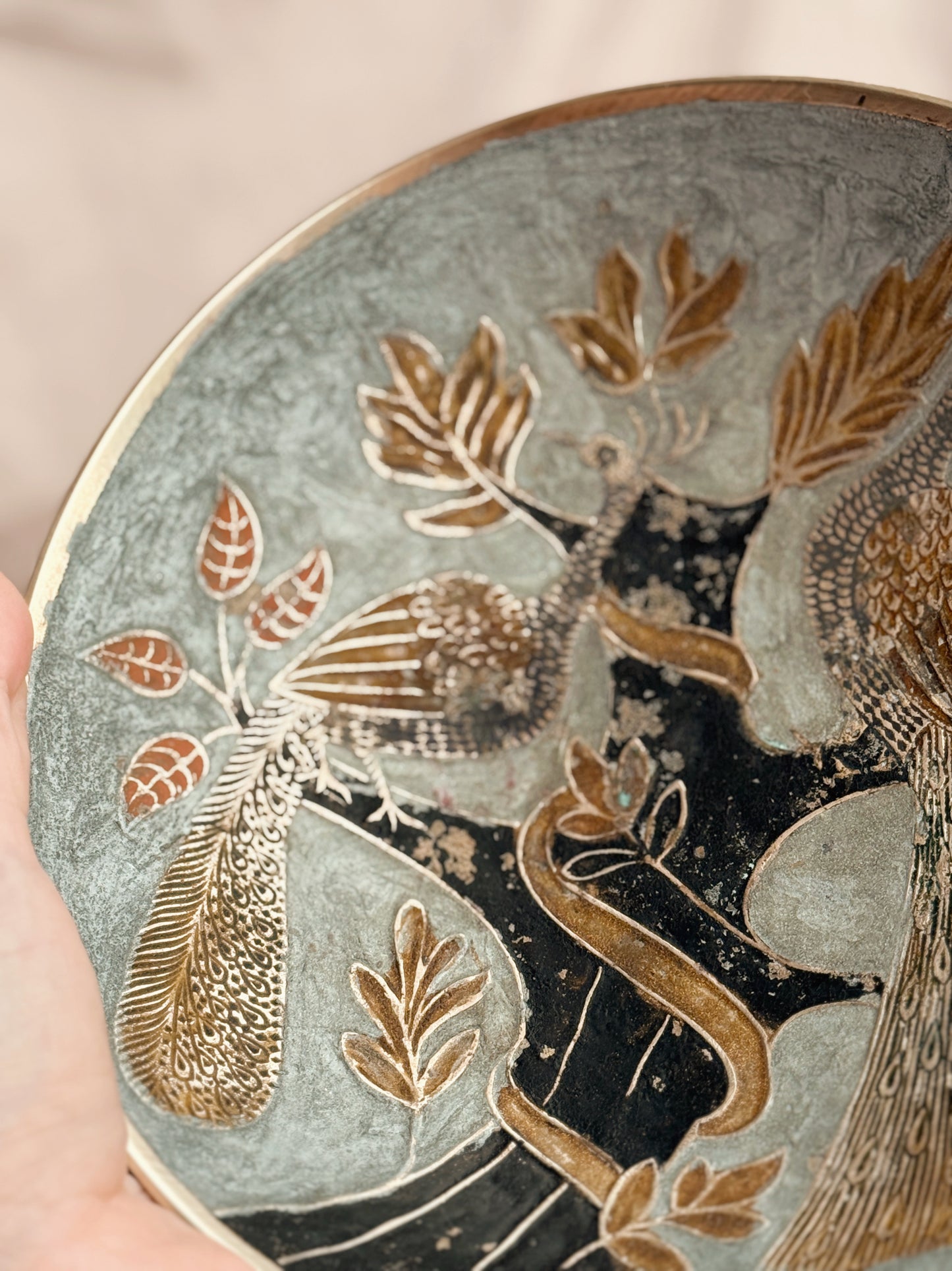 Vintage Brass + Enamel Peacock Trinket Bowl