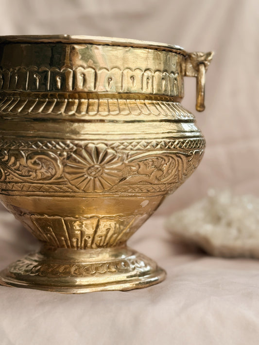 Vintage Brass Floral Cauldron Pot