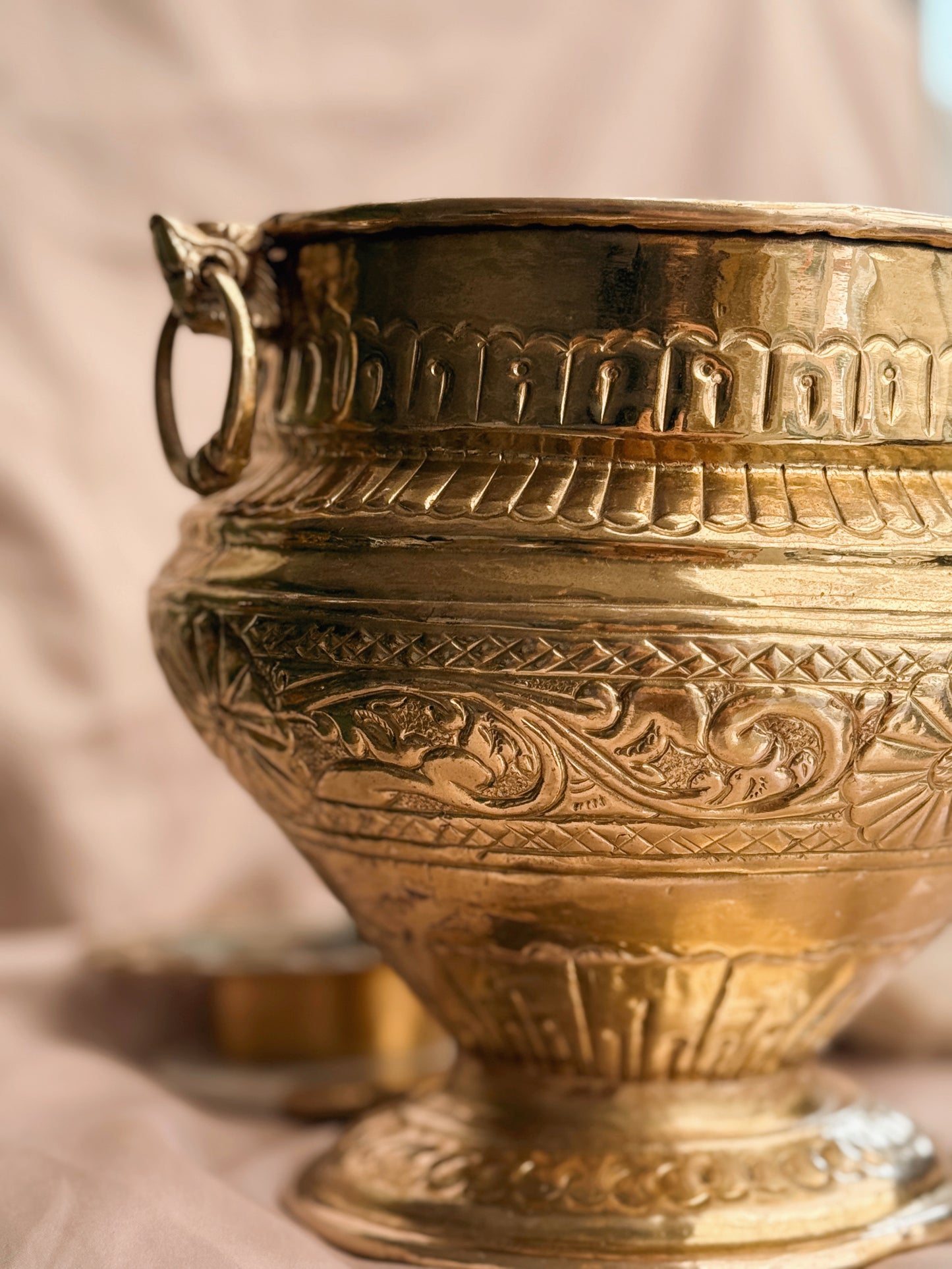 Vintage Brass Floral Cauldron Pot