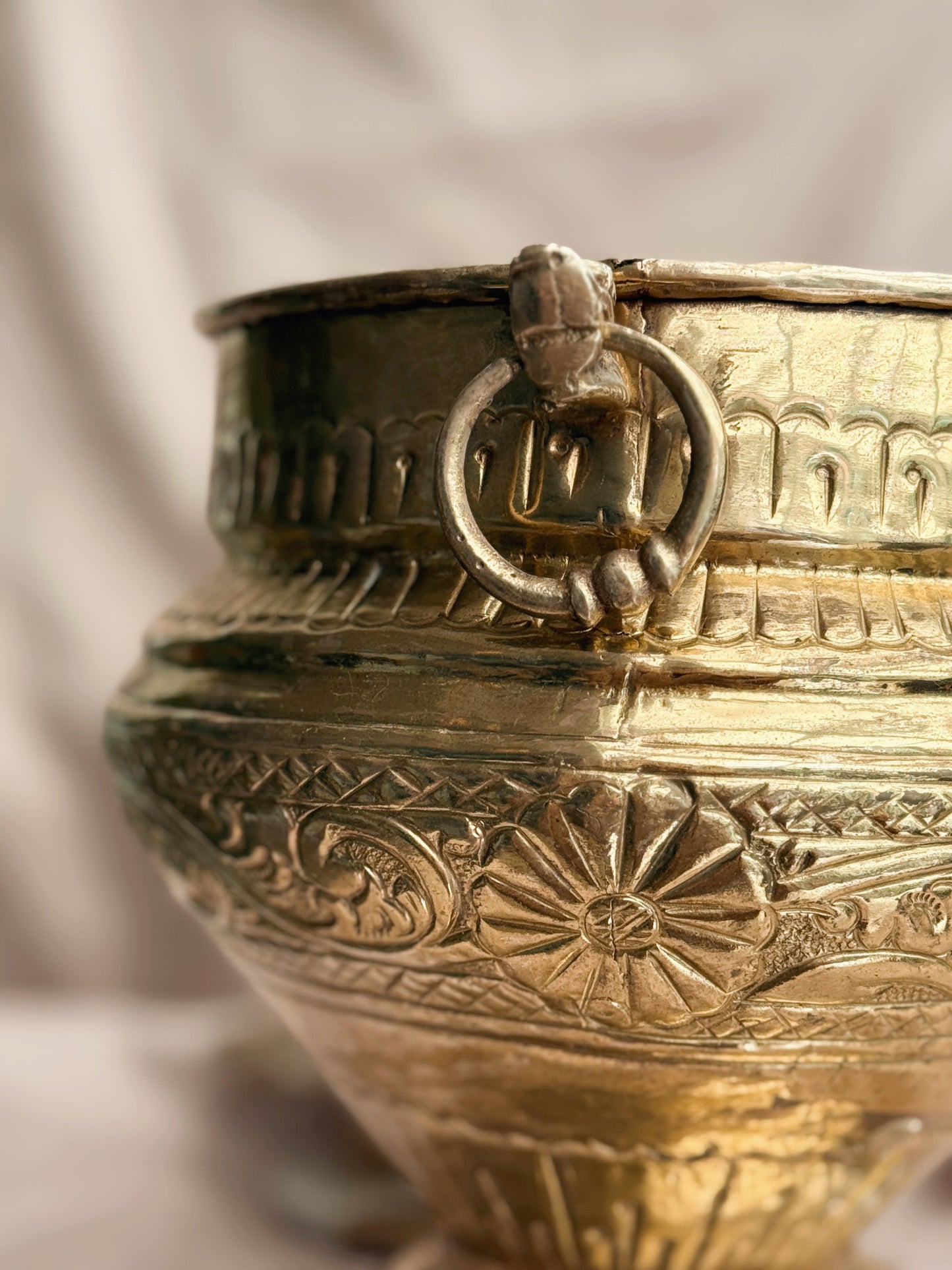 Vintage Brass Floral Cauldron Pot