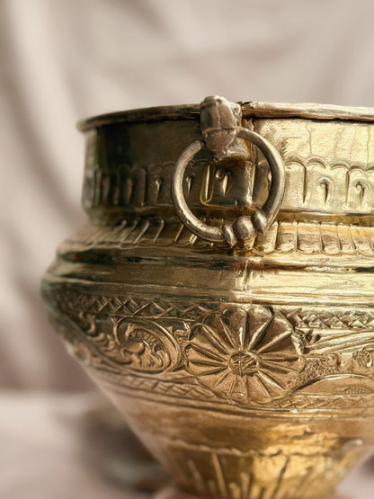 Vintage Brass Floral Cauldron Pot