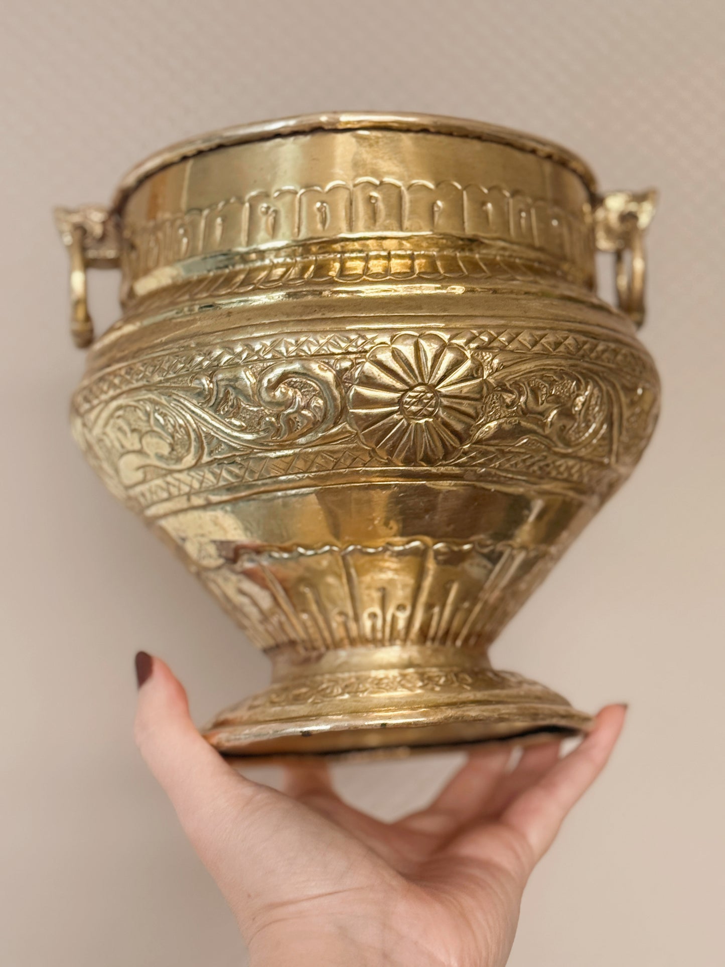 Vintage Brass Floral Cauldron Pot