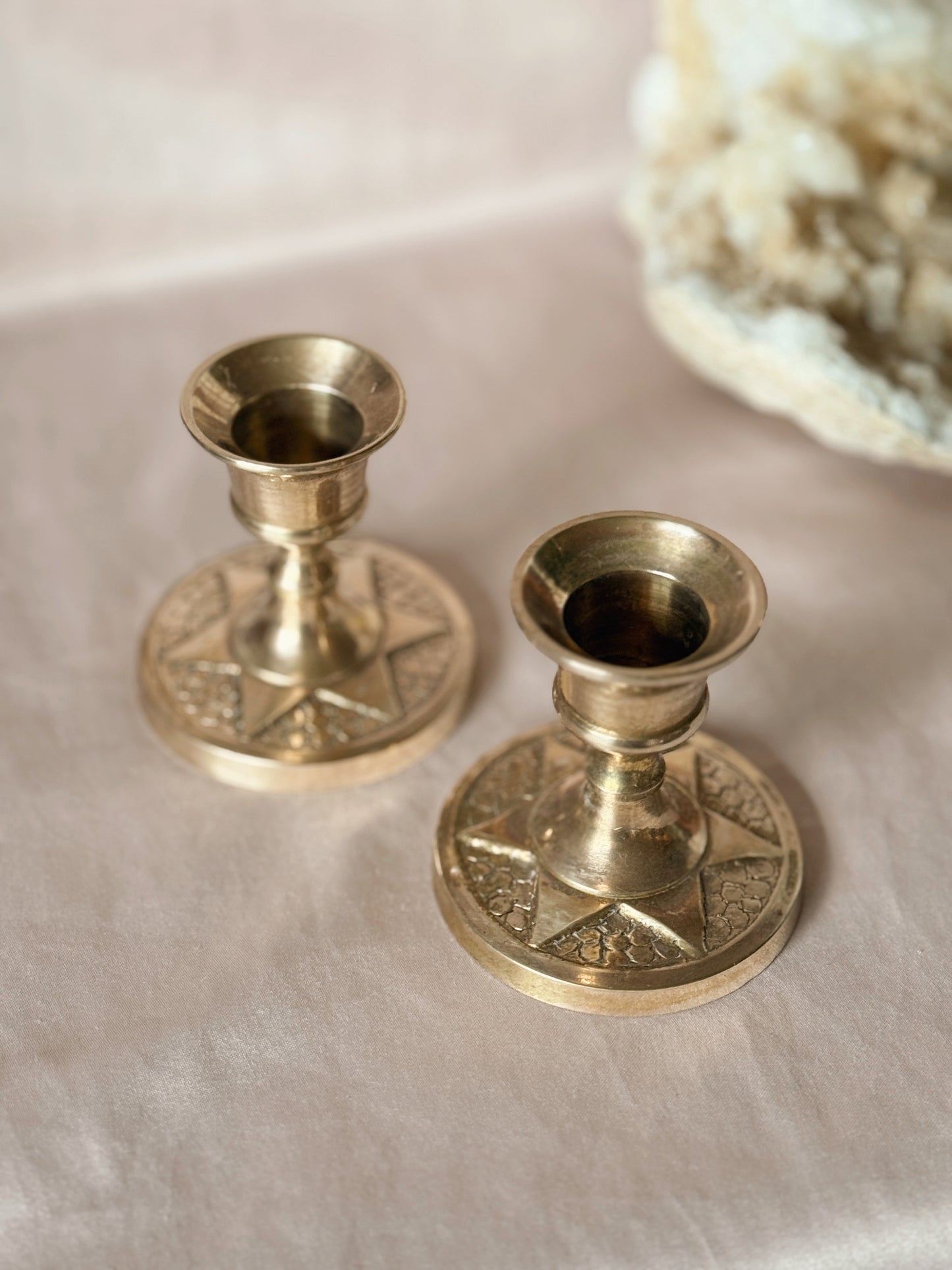 Vintage Brass Star Pair of Candlestick Holders