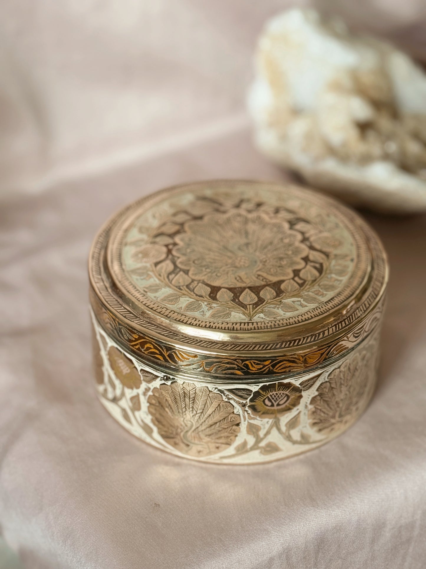 Vintage Brass Peacock + Floral Tin