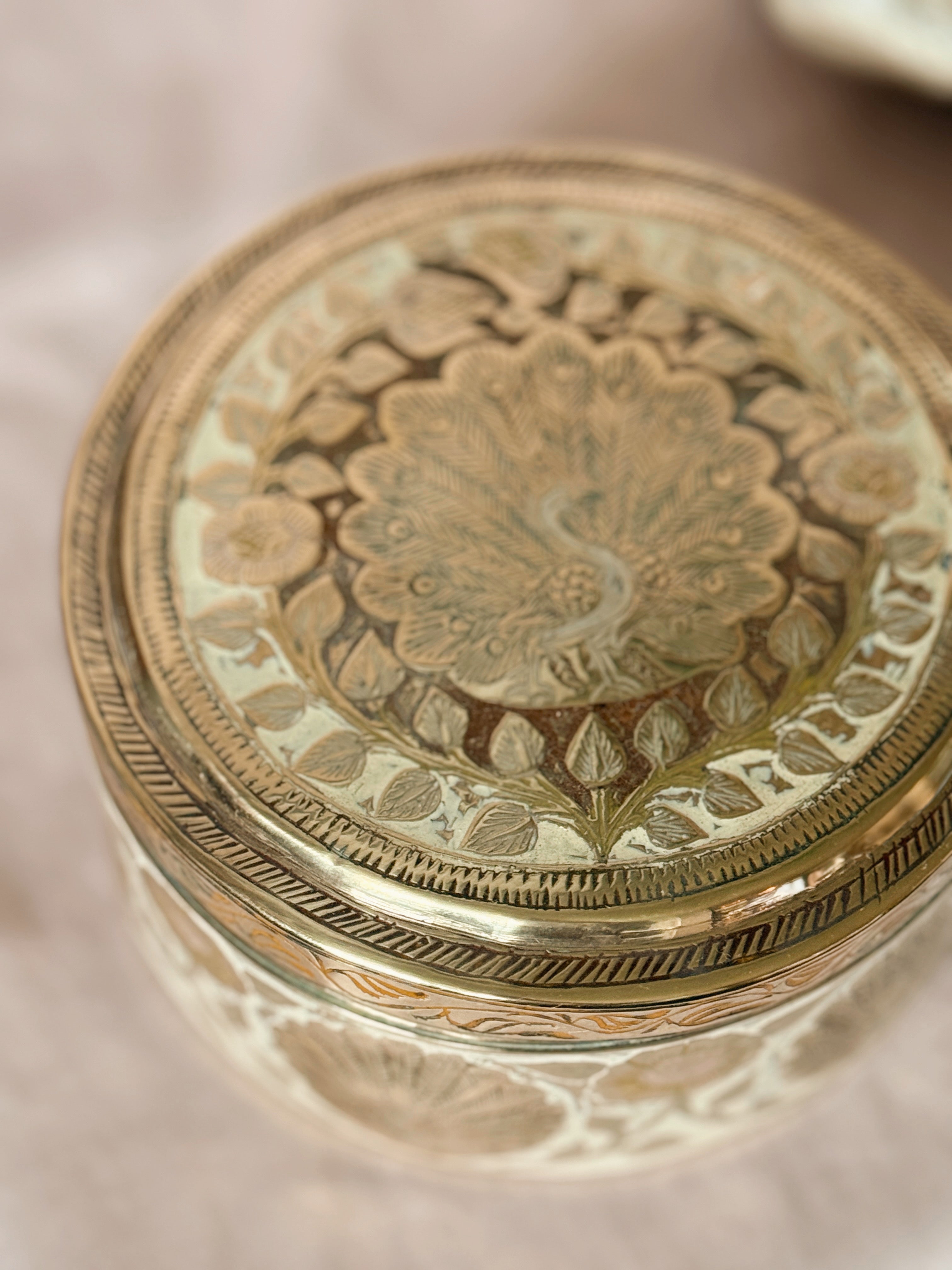 Vintage Brass Peacock + Floral Tin