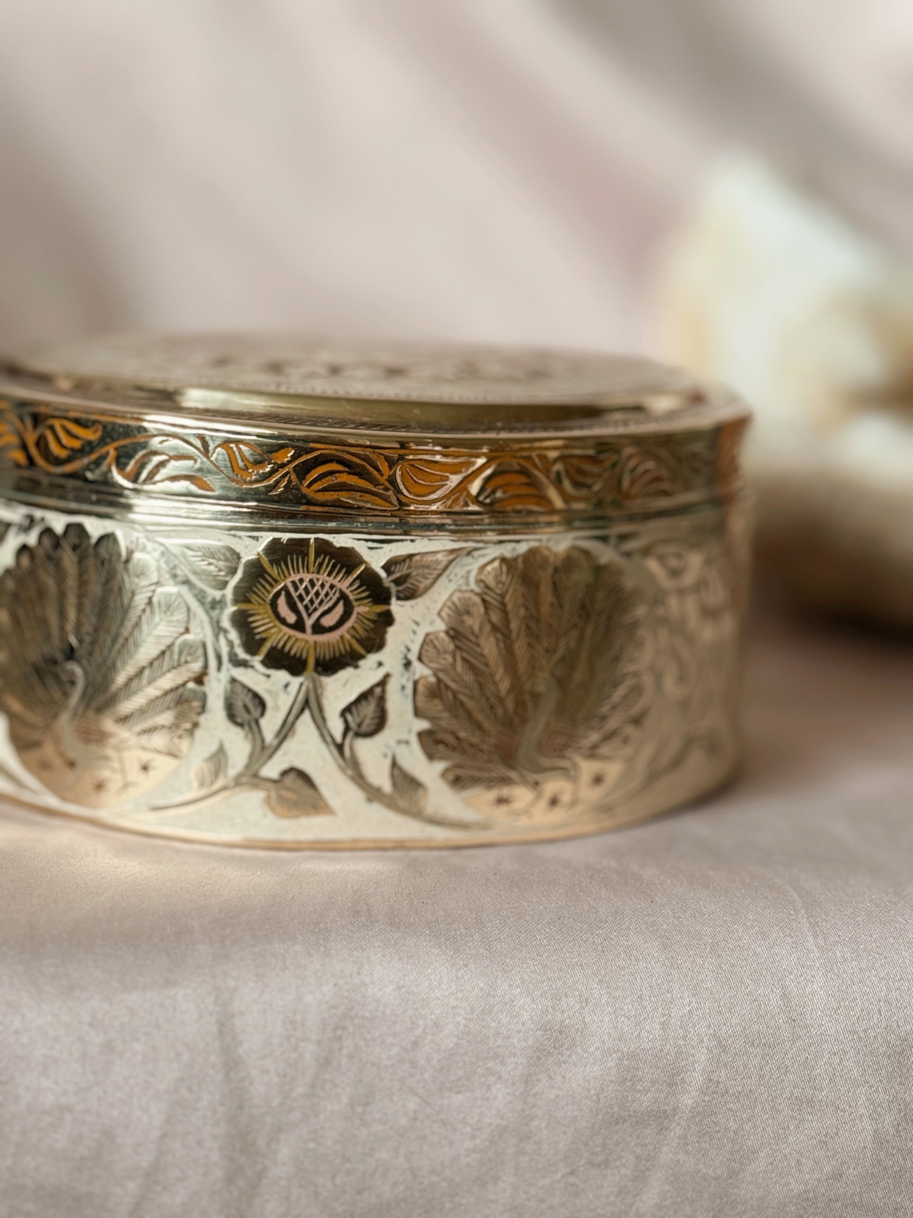 Vintage Brass Peacock + Floral Tin