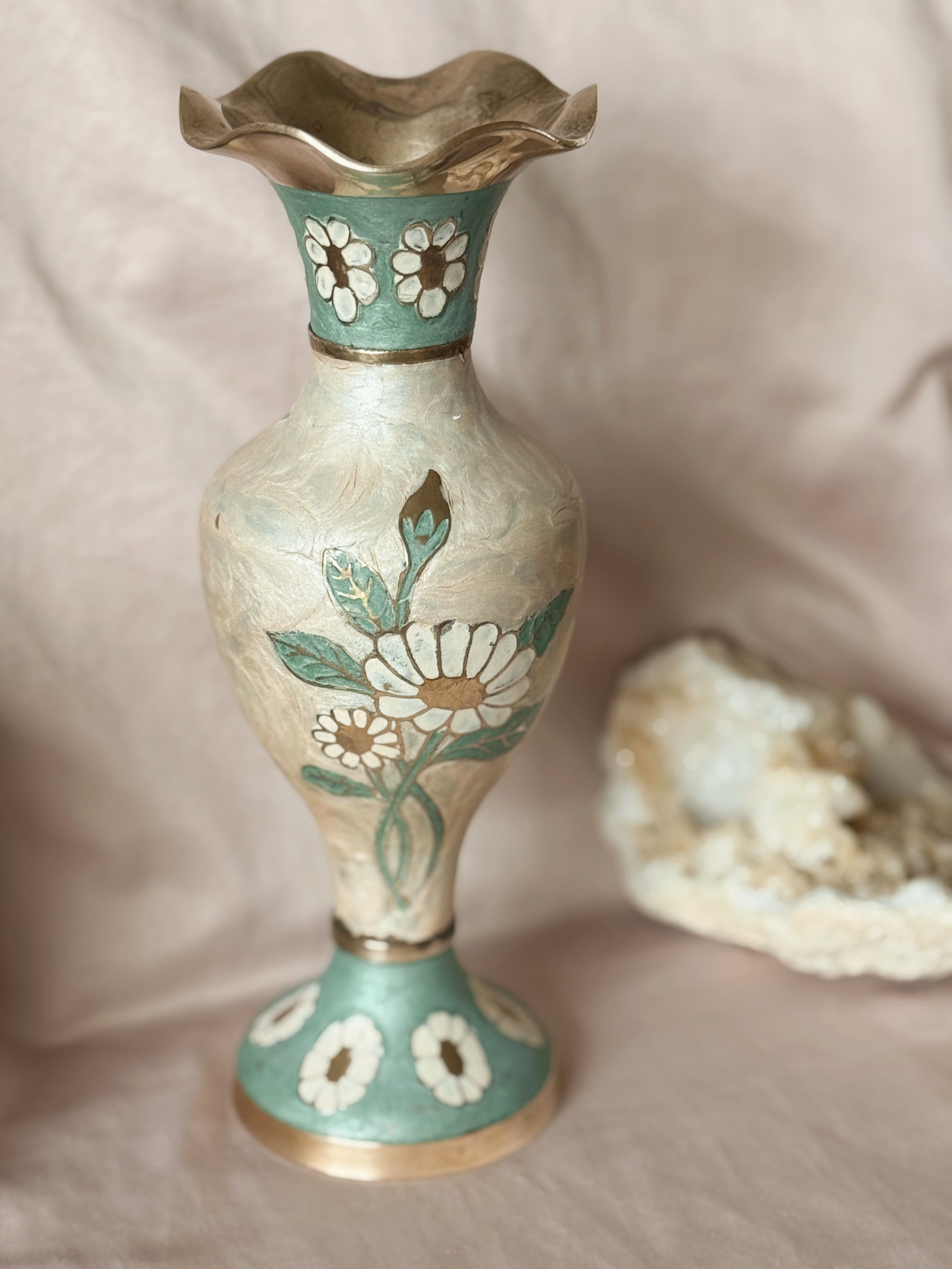 Vintage Large Brass + Enamel Floral Vase